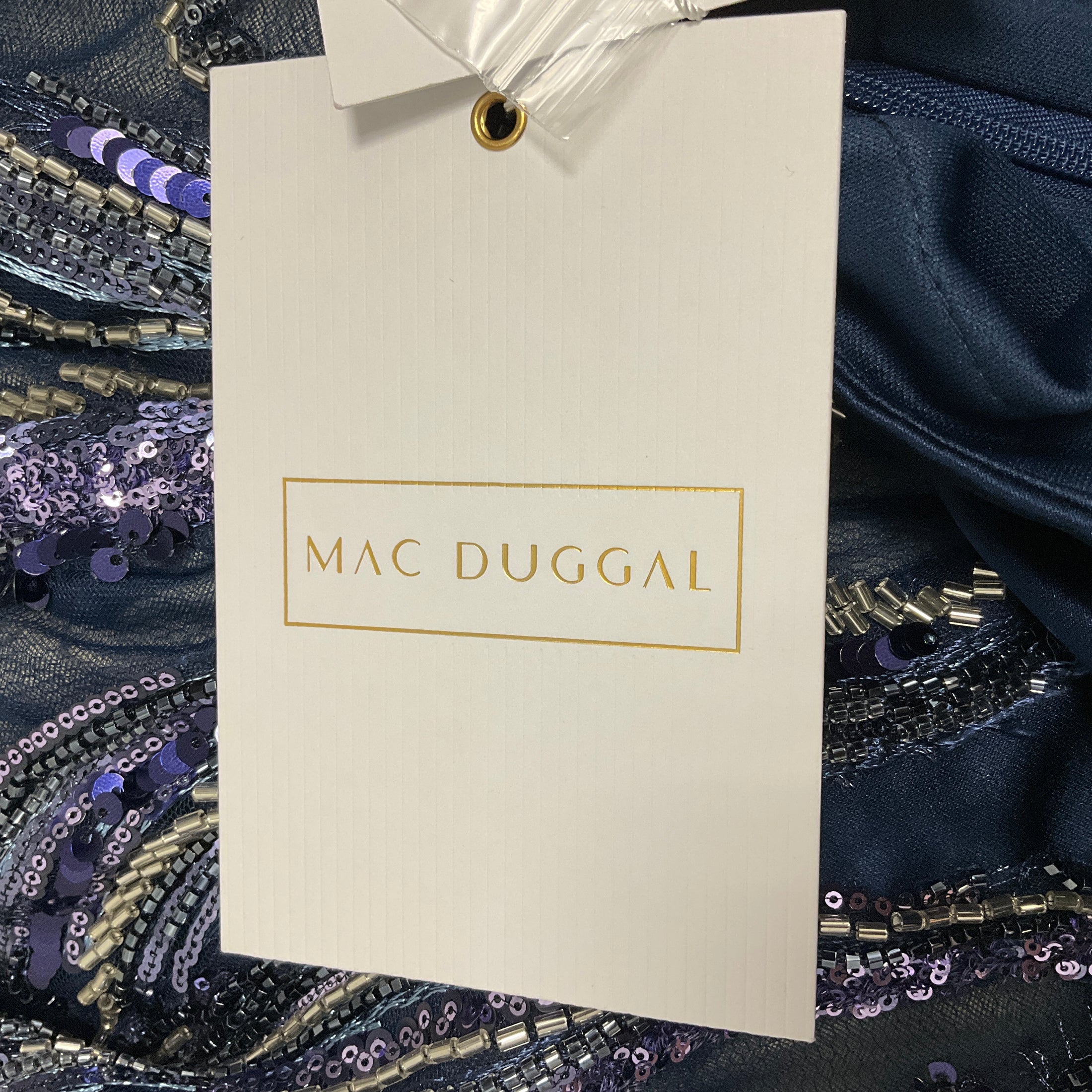 Mac Duggal Navy Blue Embellished Satin and Mesh Tulle Gown