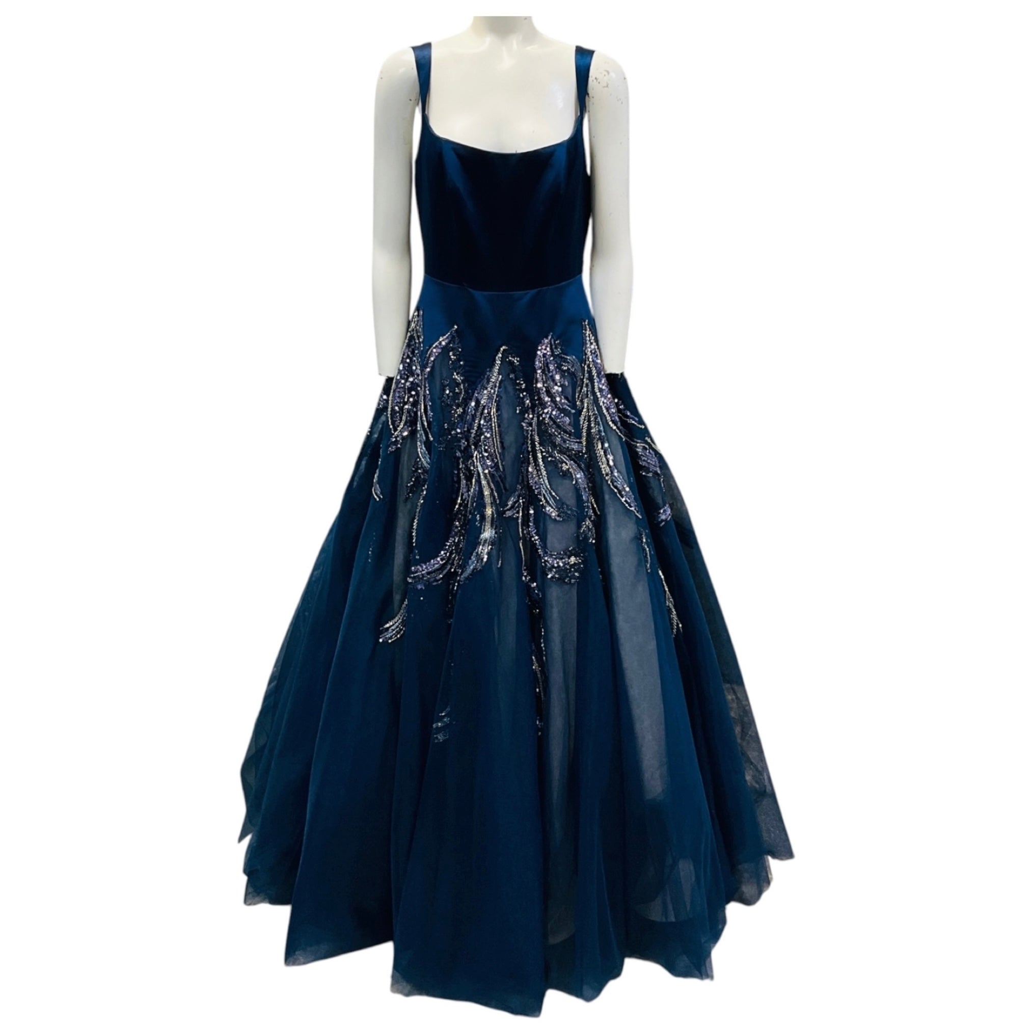 Mac Duggal Navy Blue Embellished Satin and Mesh Tulle Gown