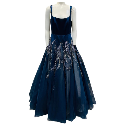 Mac Duggal Navy Blue Embellished Satin and Mesh Tulle Gown