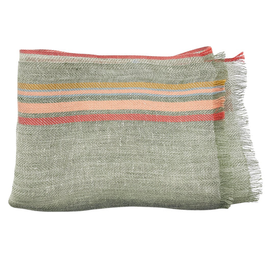 Loro Piana Green / Coral Fringed Flax and Silk Large Scarf