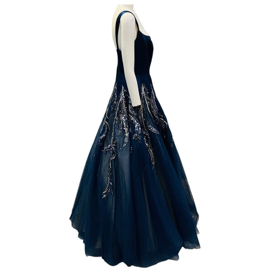 Mac Duggal Navy Blue Embellished Satin and Mesh Tulle Gown