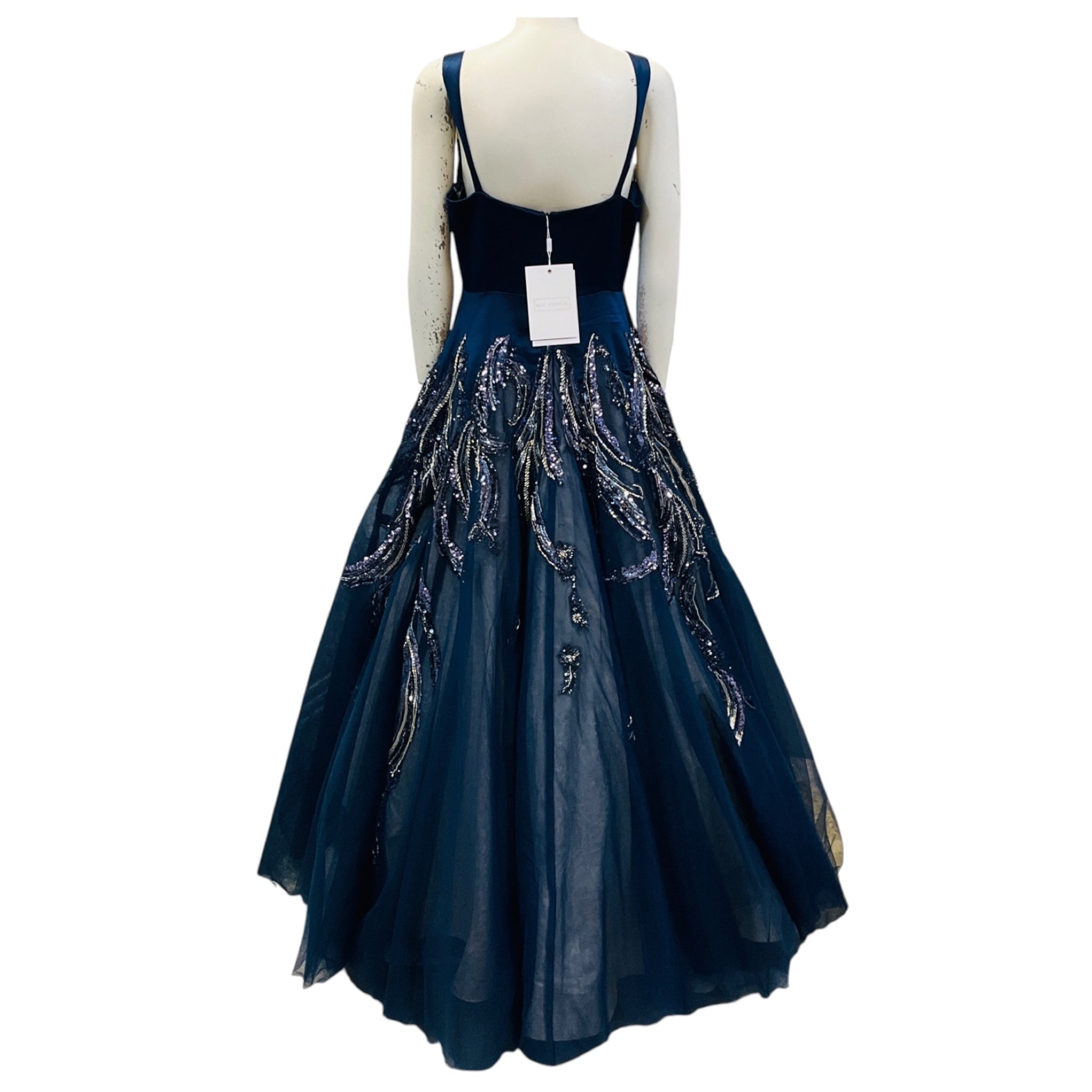 Mac Duggal Navy Blue Embellished Satin and Mesh Tulle Gown