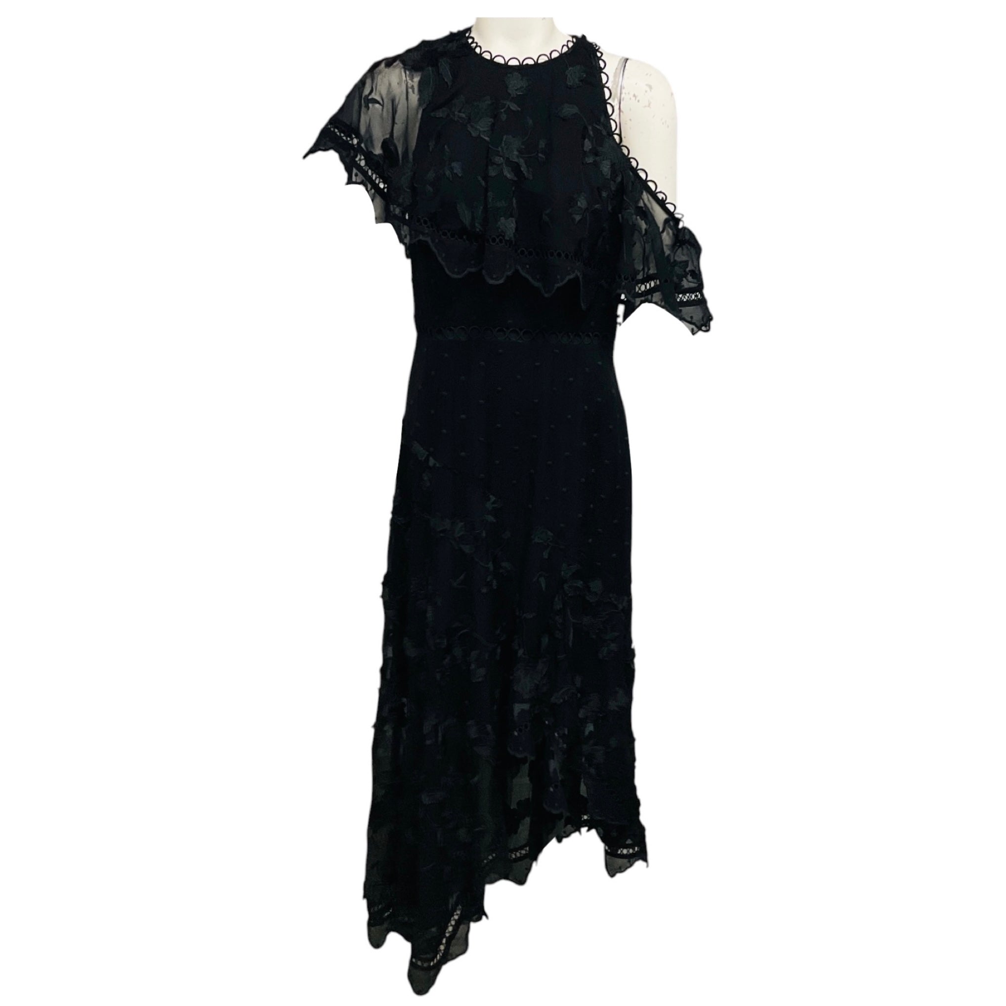Zimmermann Black Floral Embroidered Sheer Silk Chiffon Asymmetric Midi Dress