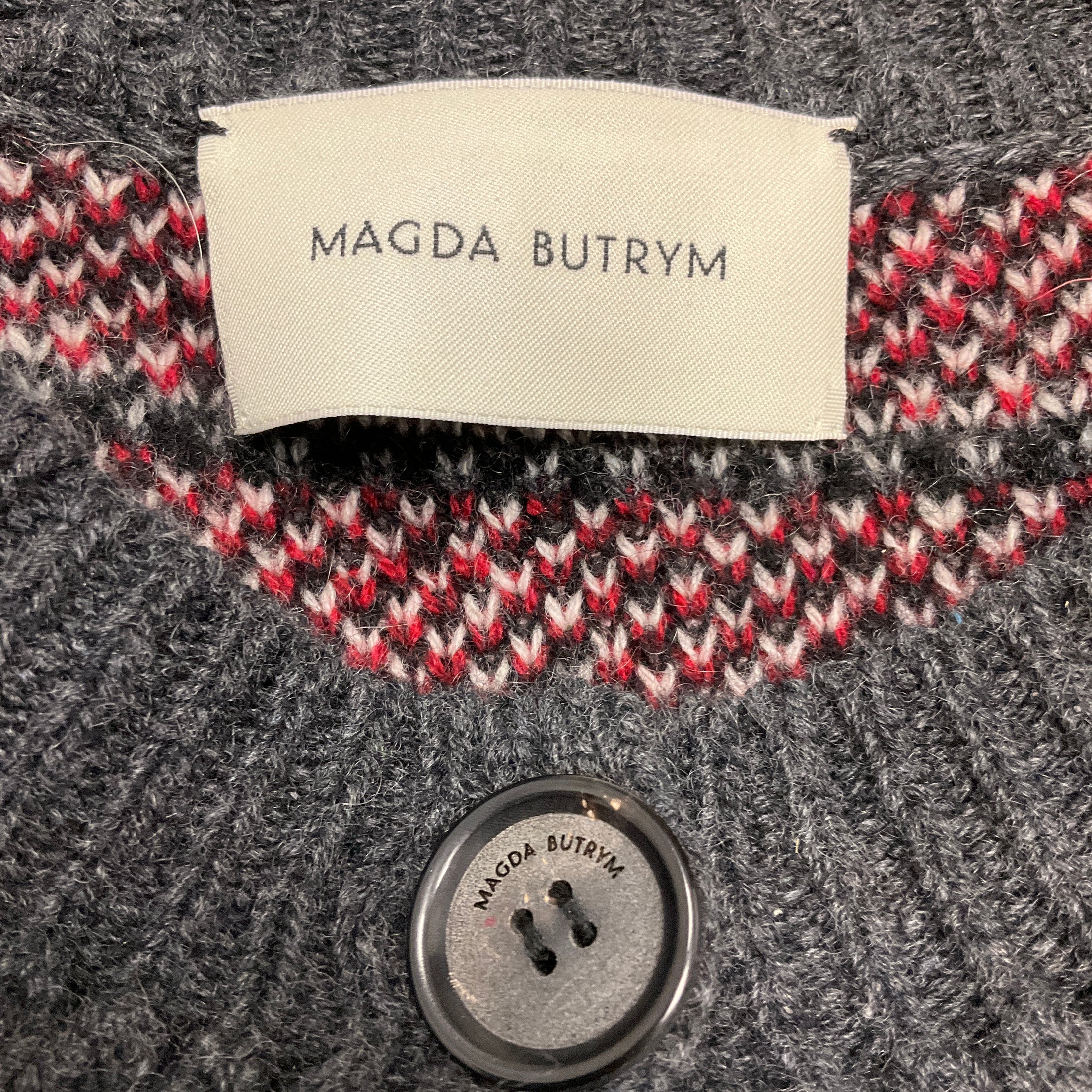 Magda Butrym Charcoal Grey / Red Multi Fairisle Knit Cardigan Sweater