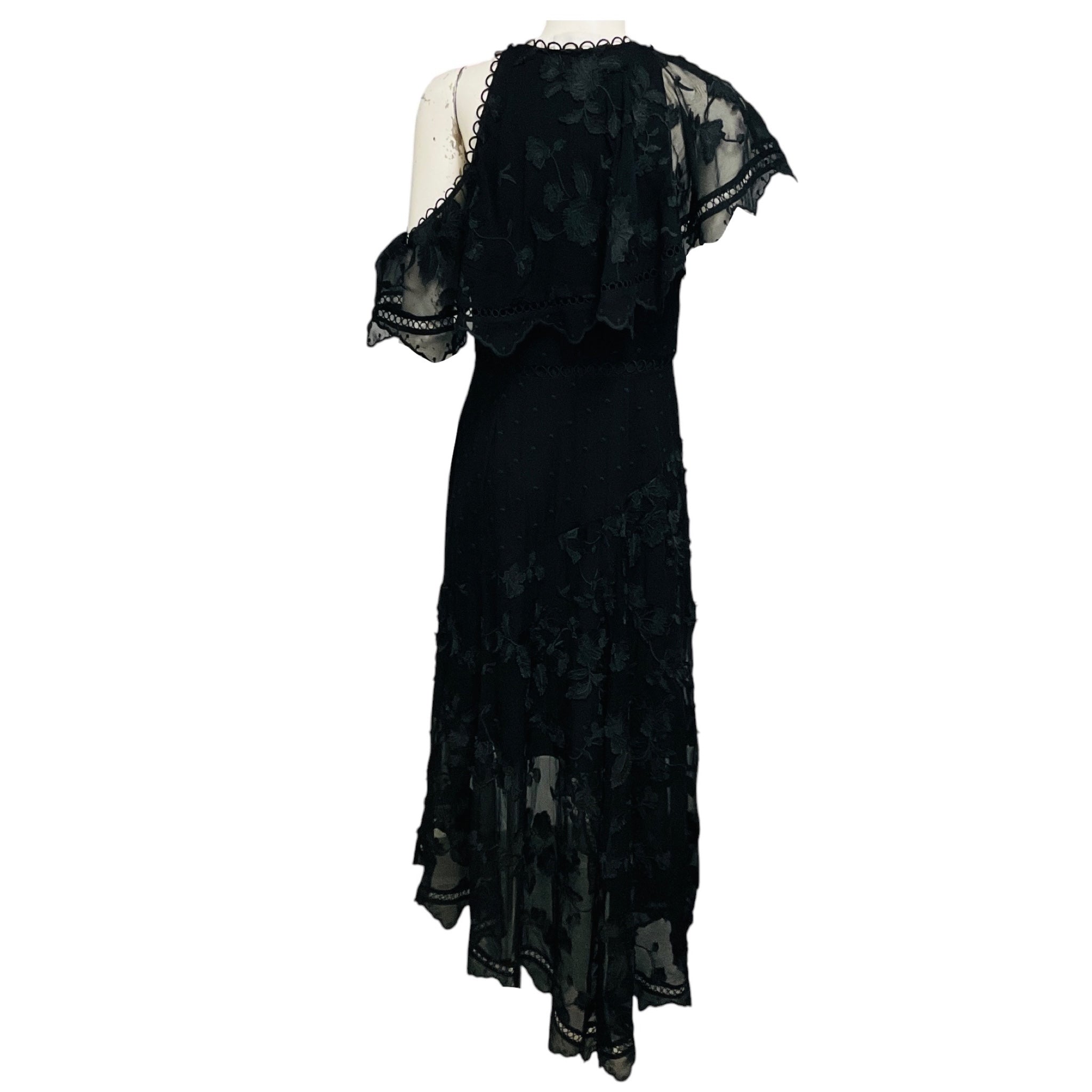 Zimmermann Black Floral Embroidered Sheer Silk Chiffon Asymmetric Midi Dress