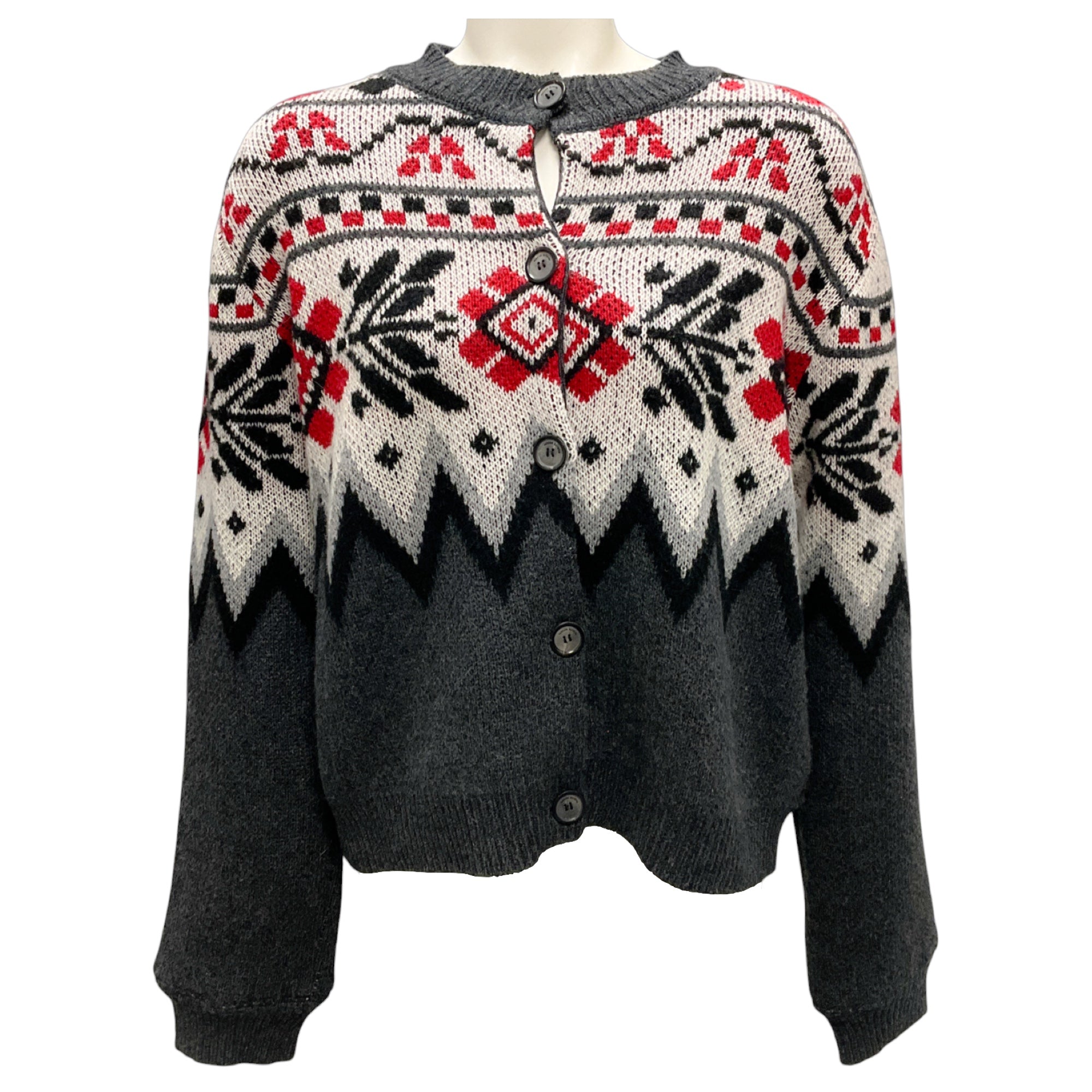 Magda Butrym Charcoal Grey / Red Multi Fairisle Knit Cardigan Sweater