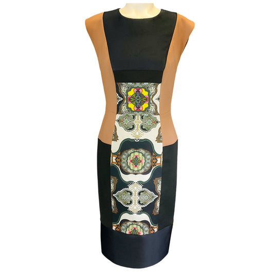 Etro Tan / Black Multi Printed Colorblock Midi Dress