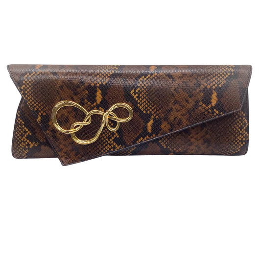 Alexis Bittar Brown / Gold Twist Hardware Snake Print Angular Clutch Bag