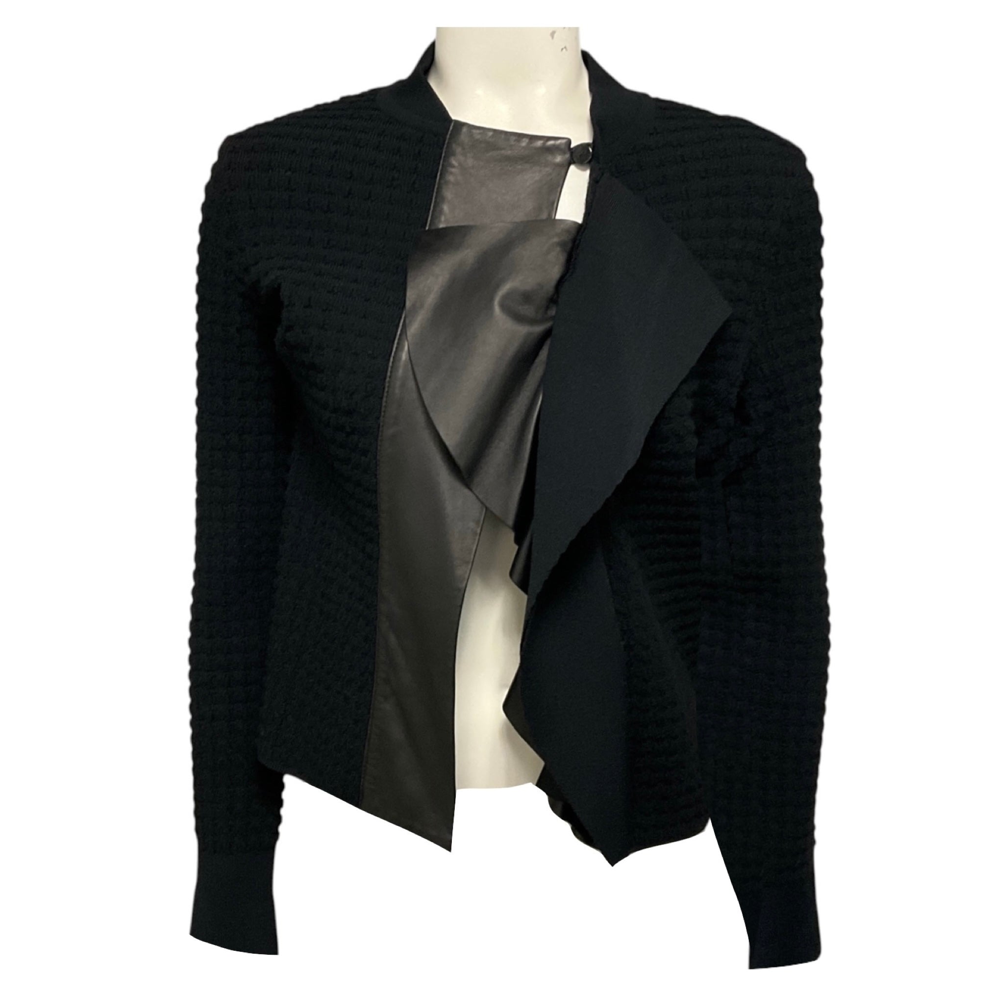 Valentino Black Viscose and Wool Knit Cardigan Sweater with Leather Trim