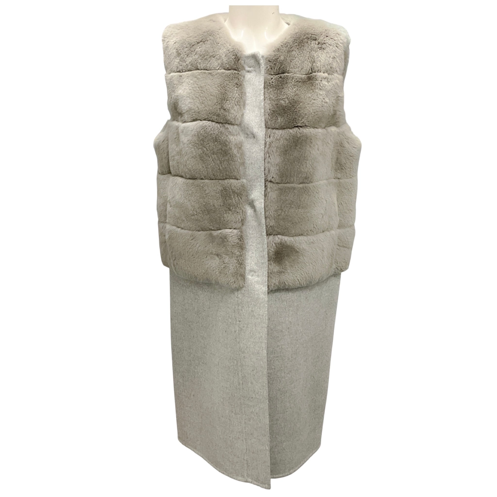 Yves Salomon Light Grey Rabbit Fur and Wool Long Vest