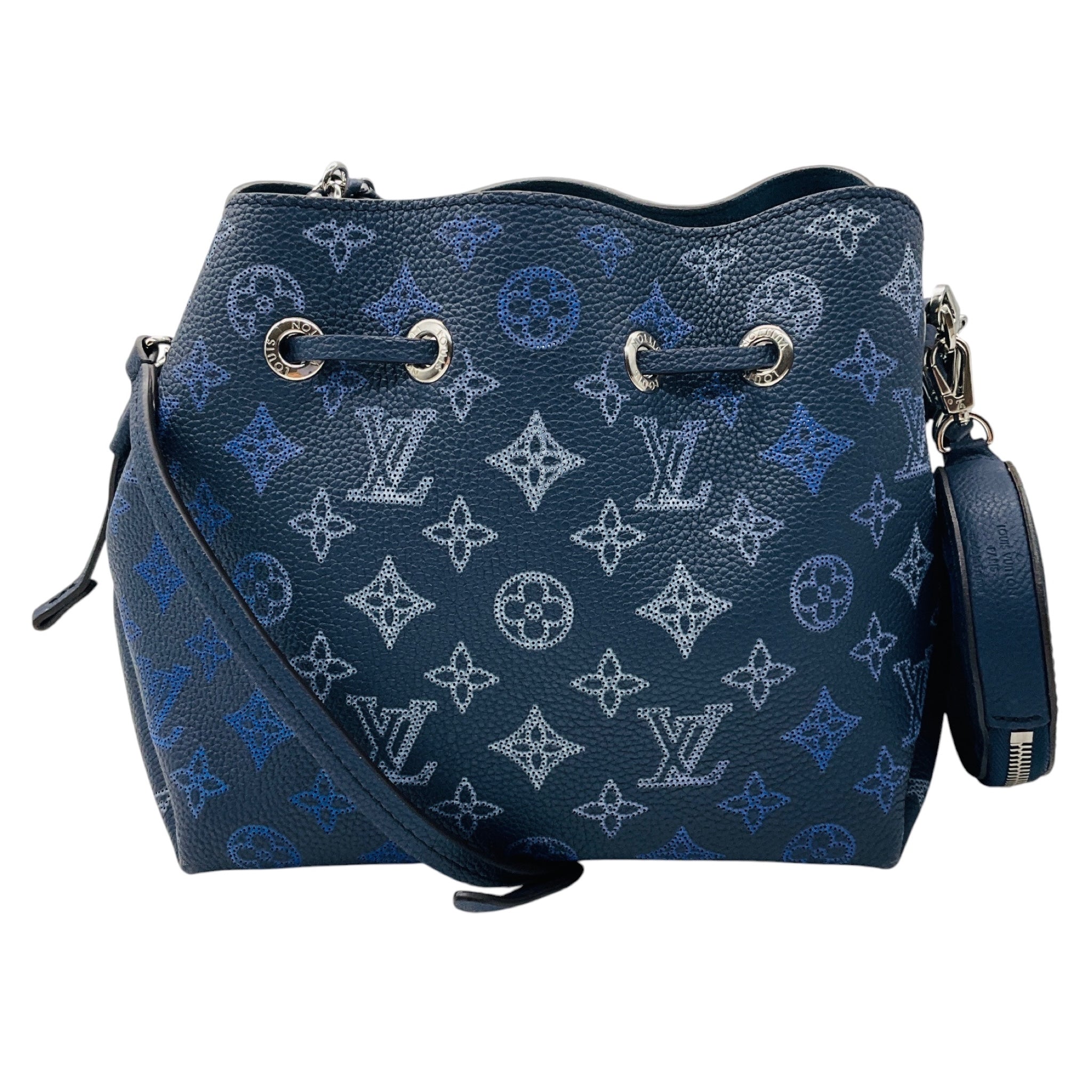 Louis Vuitton Navy Blue / Silver Chain Mahina Leather Bella Bucket Bag with Pouch