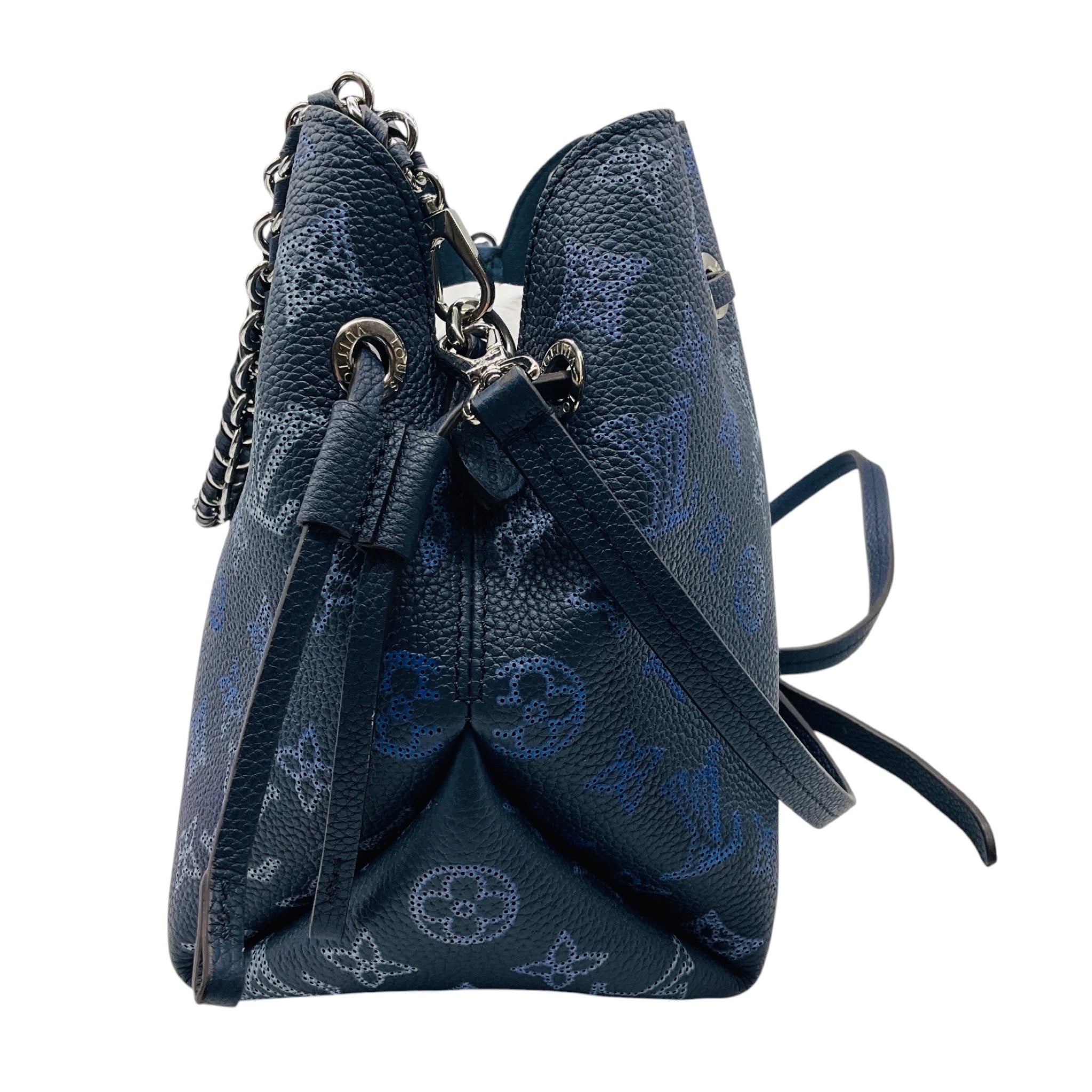 Louis Vuitton Navy Blue / Silver Chain Mahina Leather Bella Bucket Bag with Pouch