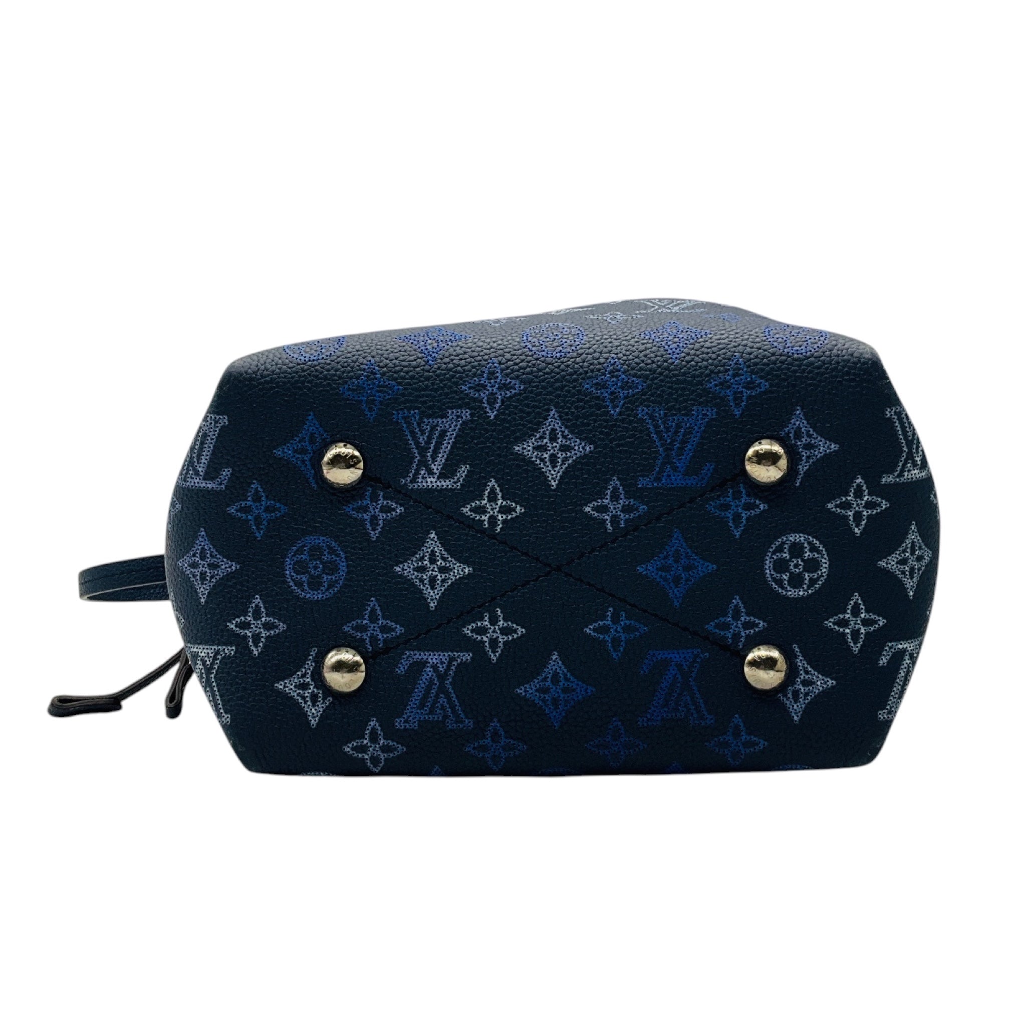 Louis Vuitton Navy Blue / Silver Chain Mahina Leather Bella Bucket Bag with Pouch