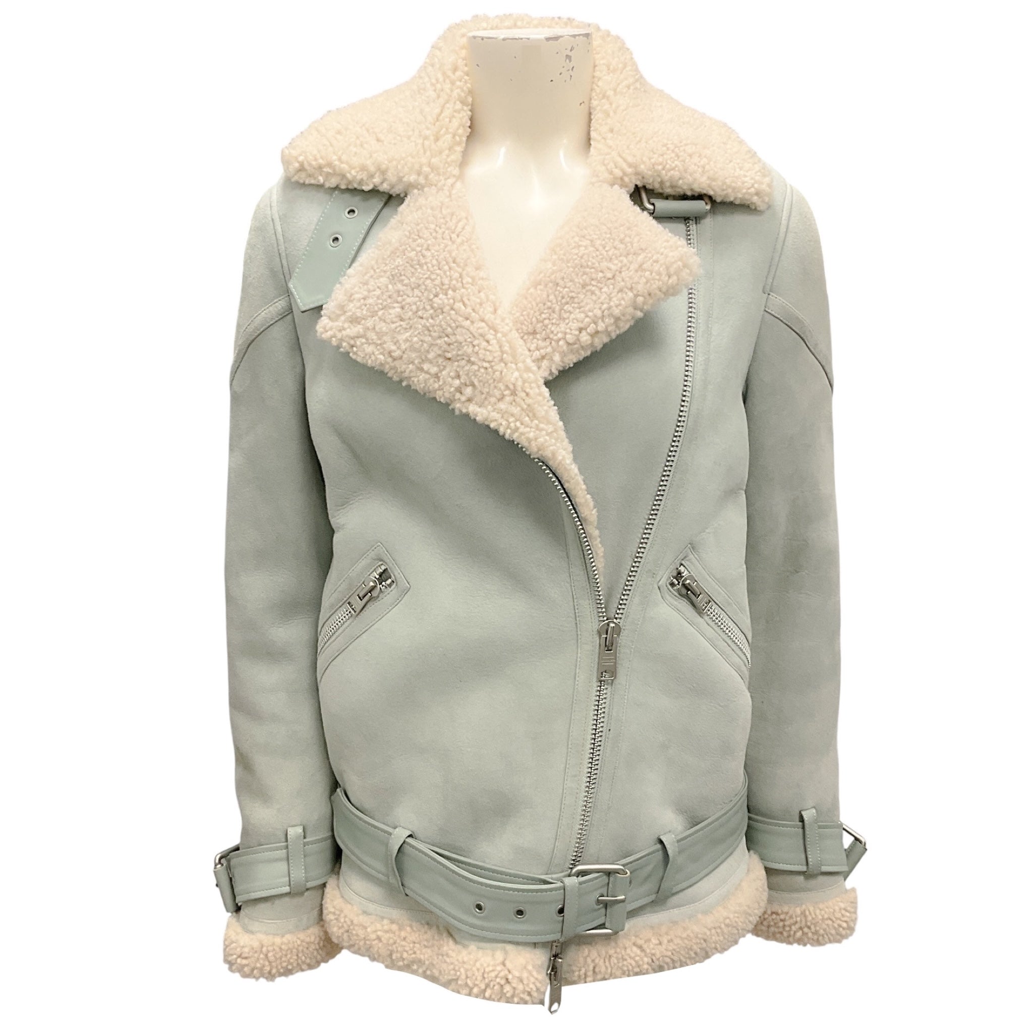 All Saints Powder Blue Hawley Oversized Shearling Biker Jacket