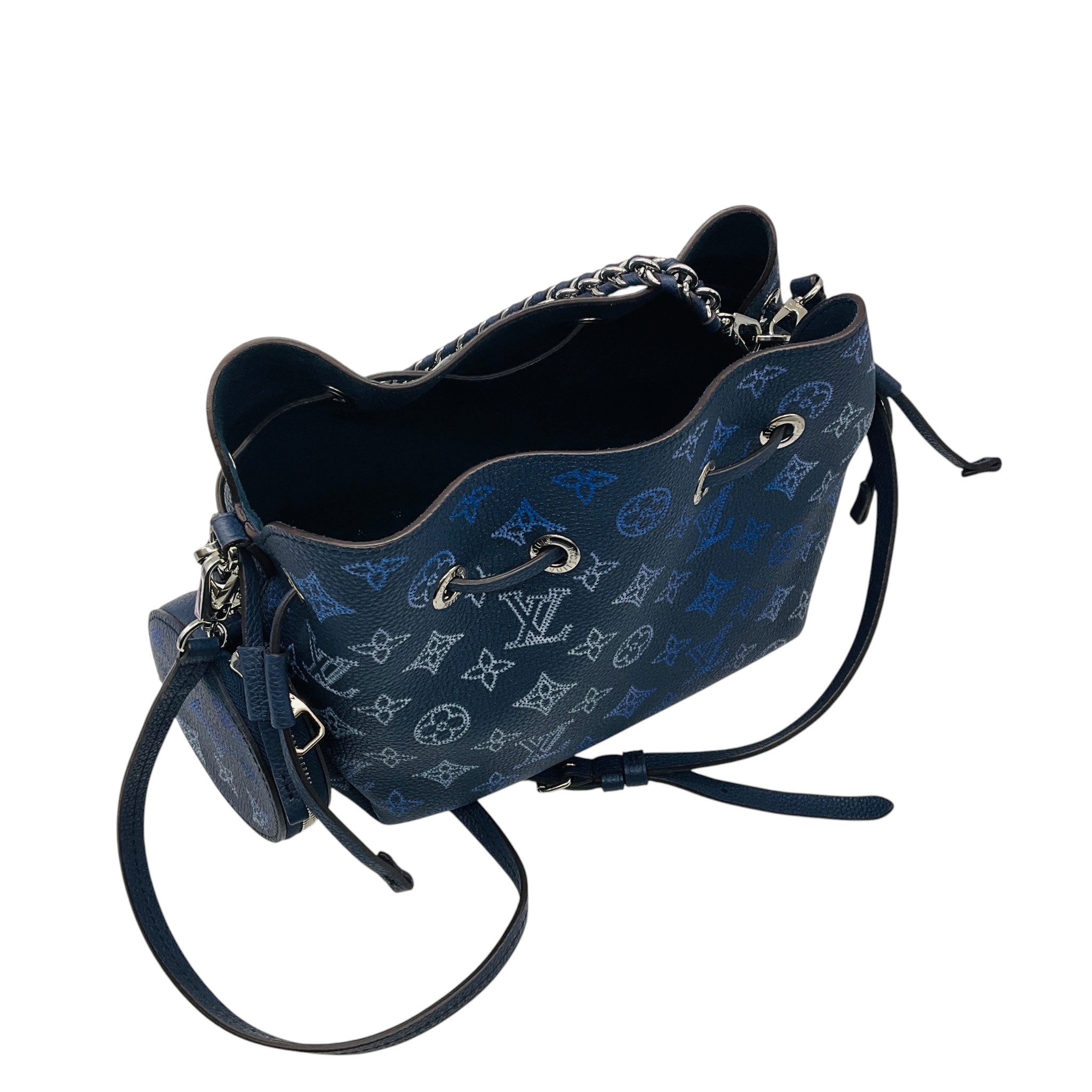 Louis Vuitton Navy Blue / Silver Chain Mahina Leather Bella Bucket Bag with Pouch