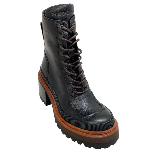 See by Chloe Black Leather Mahalia Lace Up Combat Boots