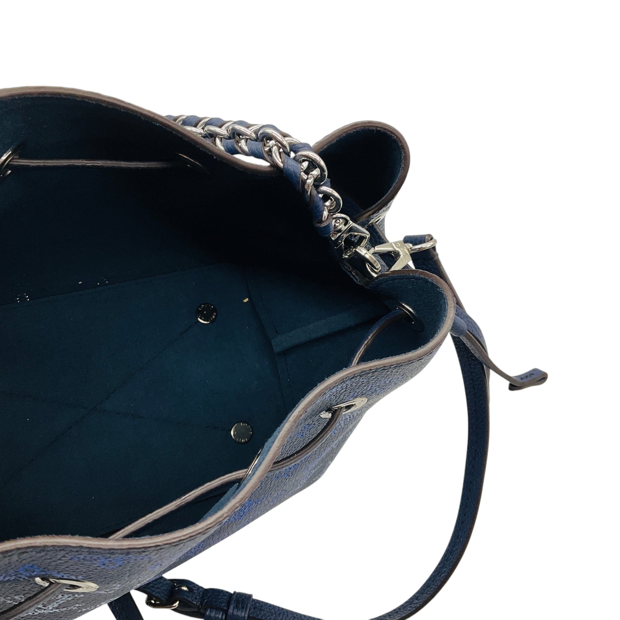 Louis Vuitton Navy Blue / Silver Chain Mahina Leather Bella Bucket Bag with Pouch