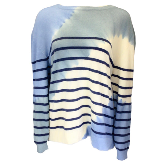 Prabal Gurung Blue / Ivory / Navy Blue Multi Striped Tie Dyed Long Sleeved Wool and Cashmere Knit Sweater
