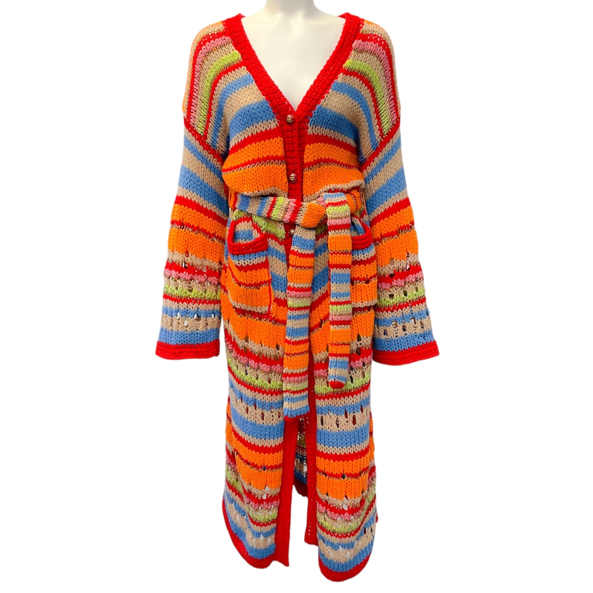 Etro Multi Striped Wool Long Cardigan Sweater with Belt
