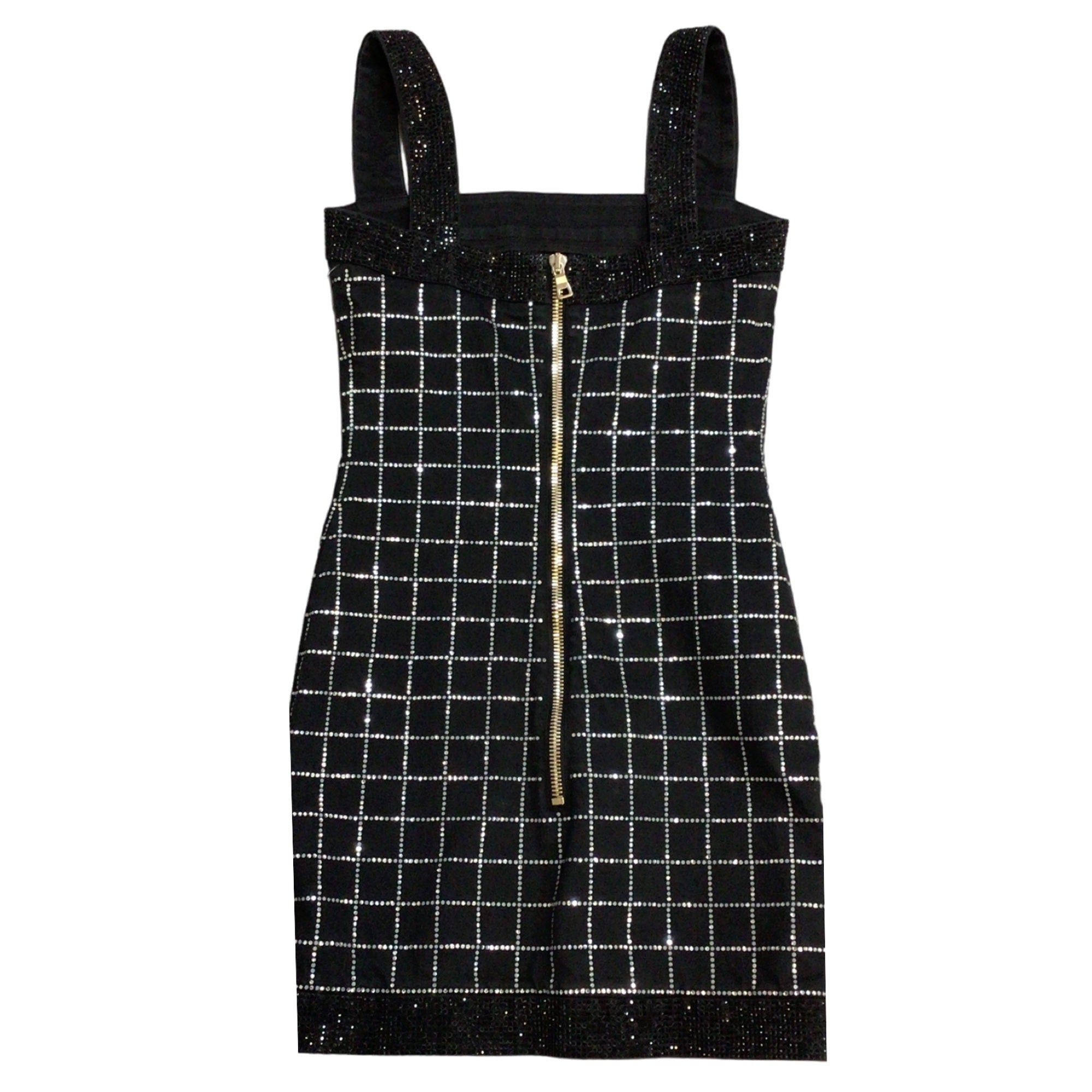 Balmain Black Rhinestone Embellished Grid Pattern Sleeveless Denim Mini Dress