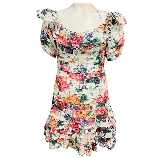Zimmermann White Multi Floral Printed Linen Mini Dress