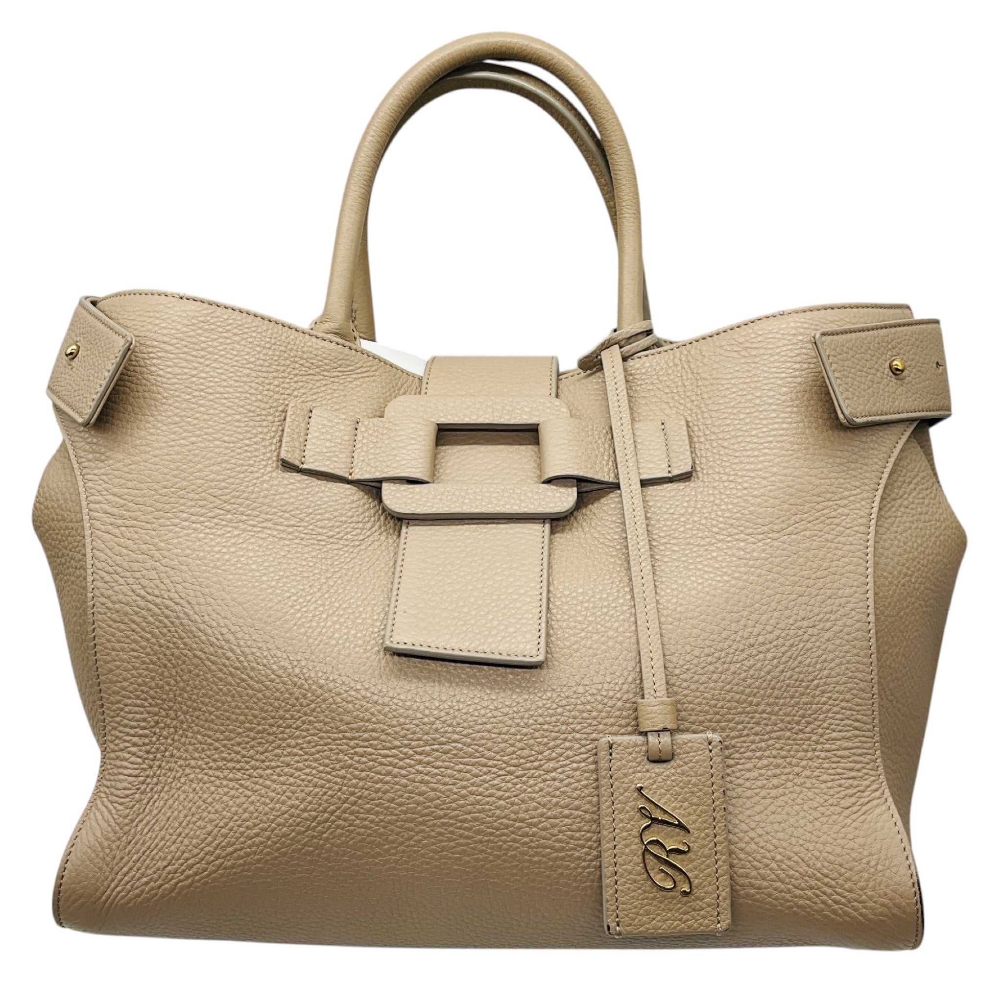 Roger Vivier Taupe Buckle Detail Pebbled Leather Double Top Handle Tote Handbag