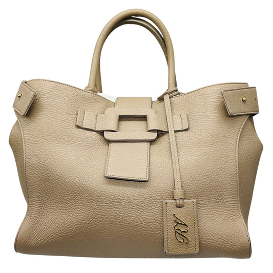 Roger Vivier Taupe Buckle Detail Pebbled Leather Double Top Handle Tote Handbag