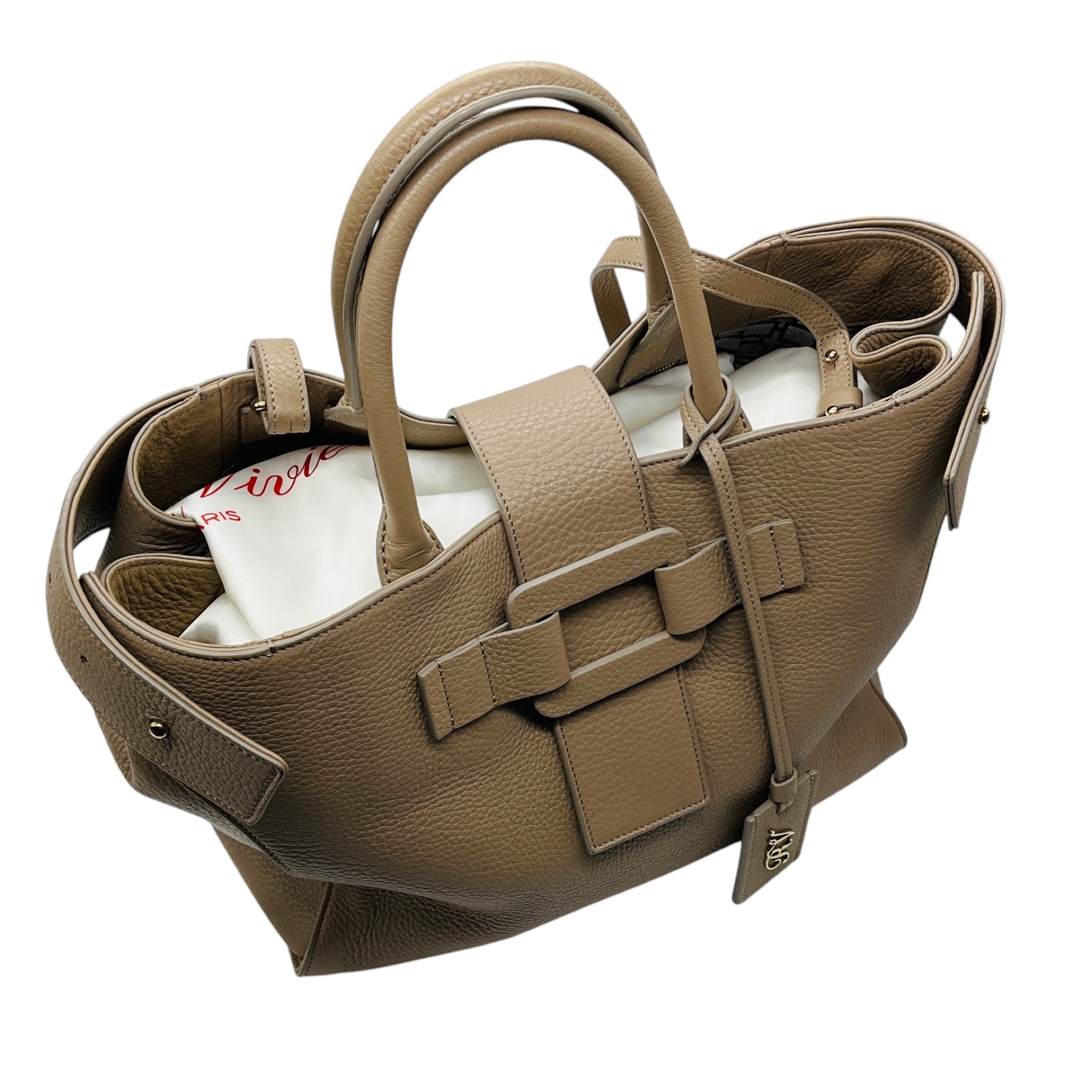 Roger Vivier Taupe Buckle Detail Pebbled Leather Double Top Handle Tote Handbag
