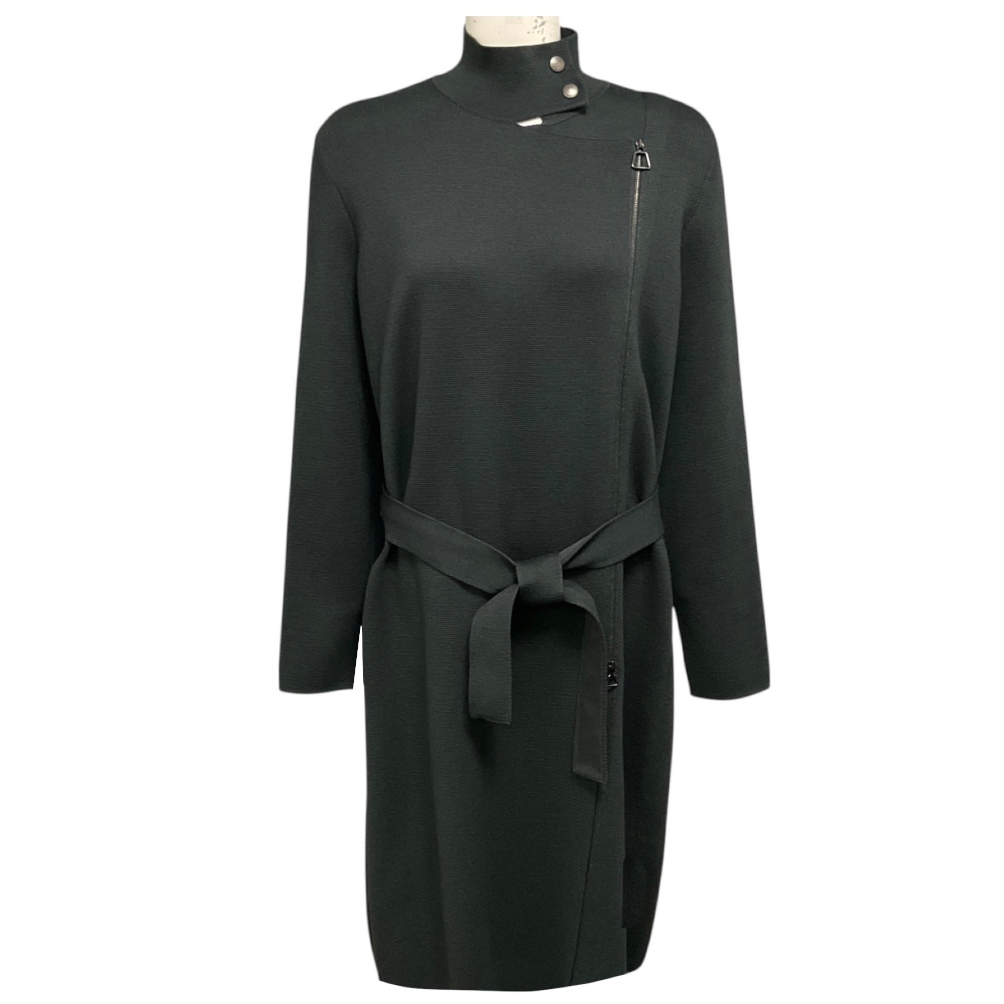 Akris Olive Green Zip Front Wool and Silk Knit Mid Length Coat with Belt