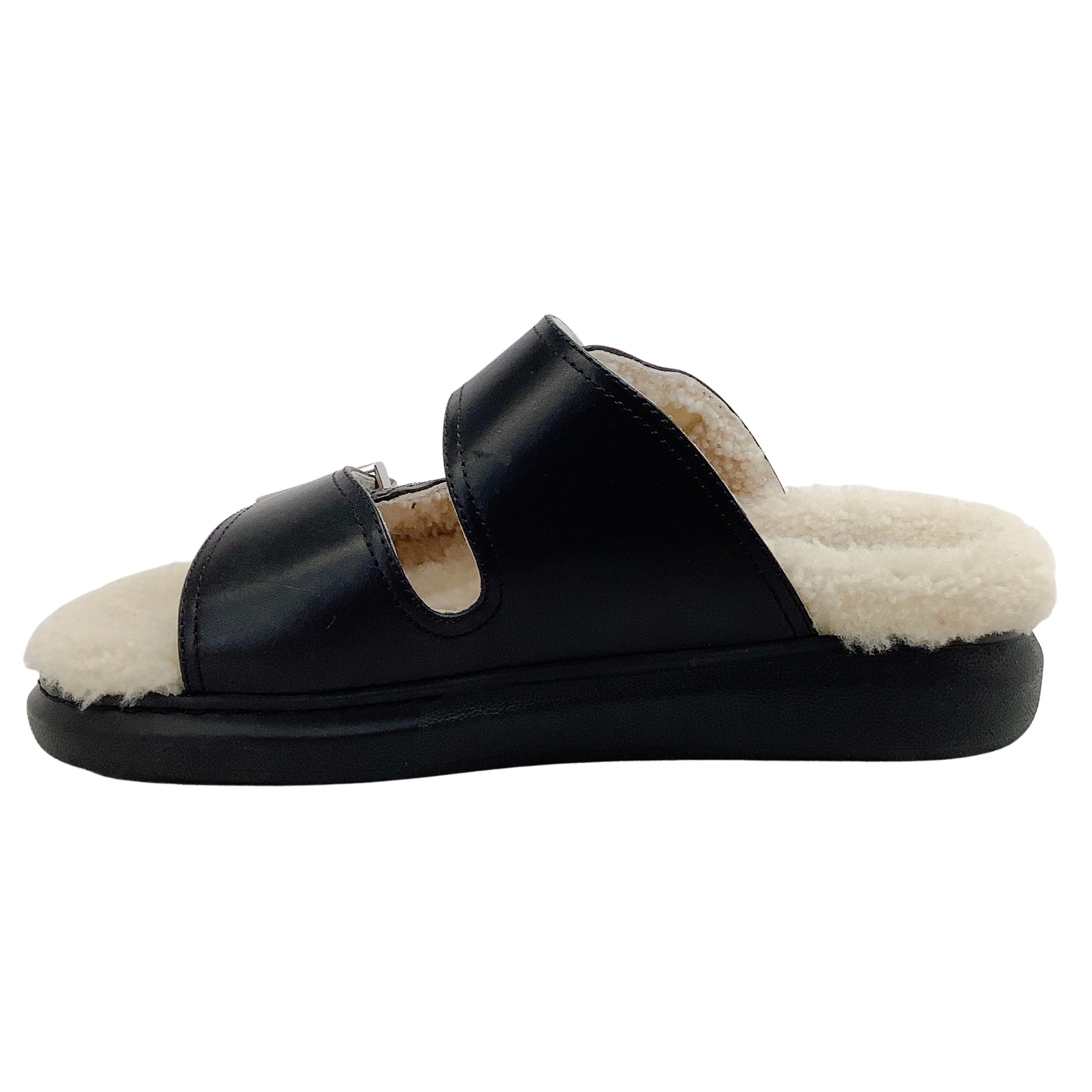 Alexander McQueen Black Leather Sandals with Shearling