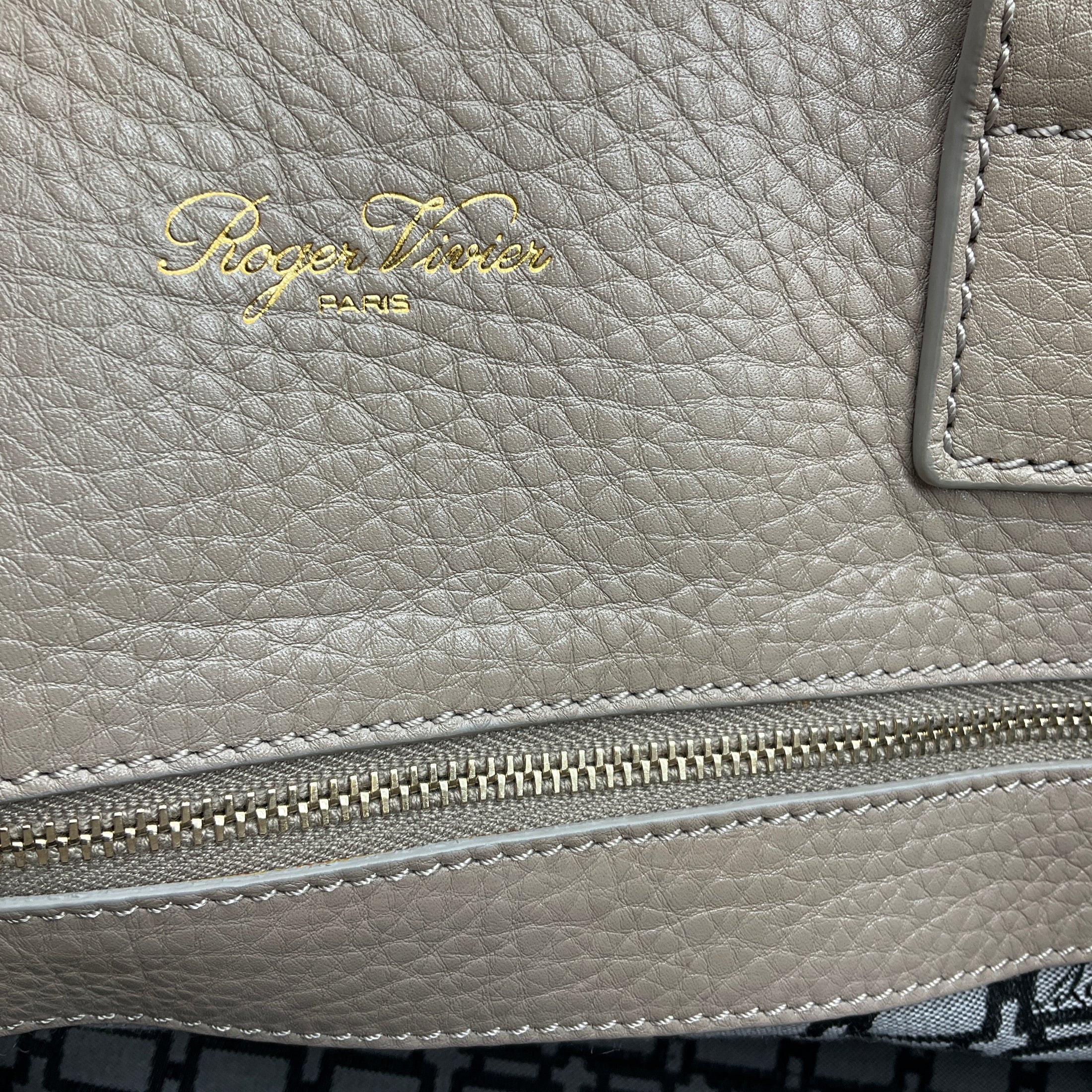 Roger Vivier Taupe Buckle Detail Pebbled Leather Double Top Handle Tote Handbag