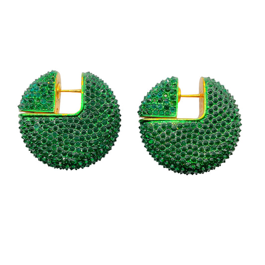 Celine Green Crystal Rhinestone Embellished Disc Hoop Earrings