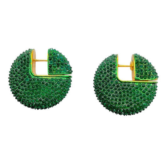 Celine Green Crystal Rhinestone Embellished Disc Hoop Earrings