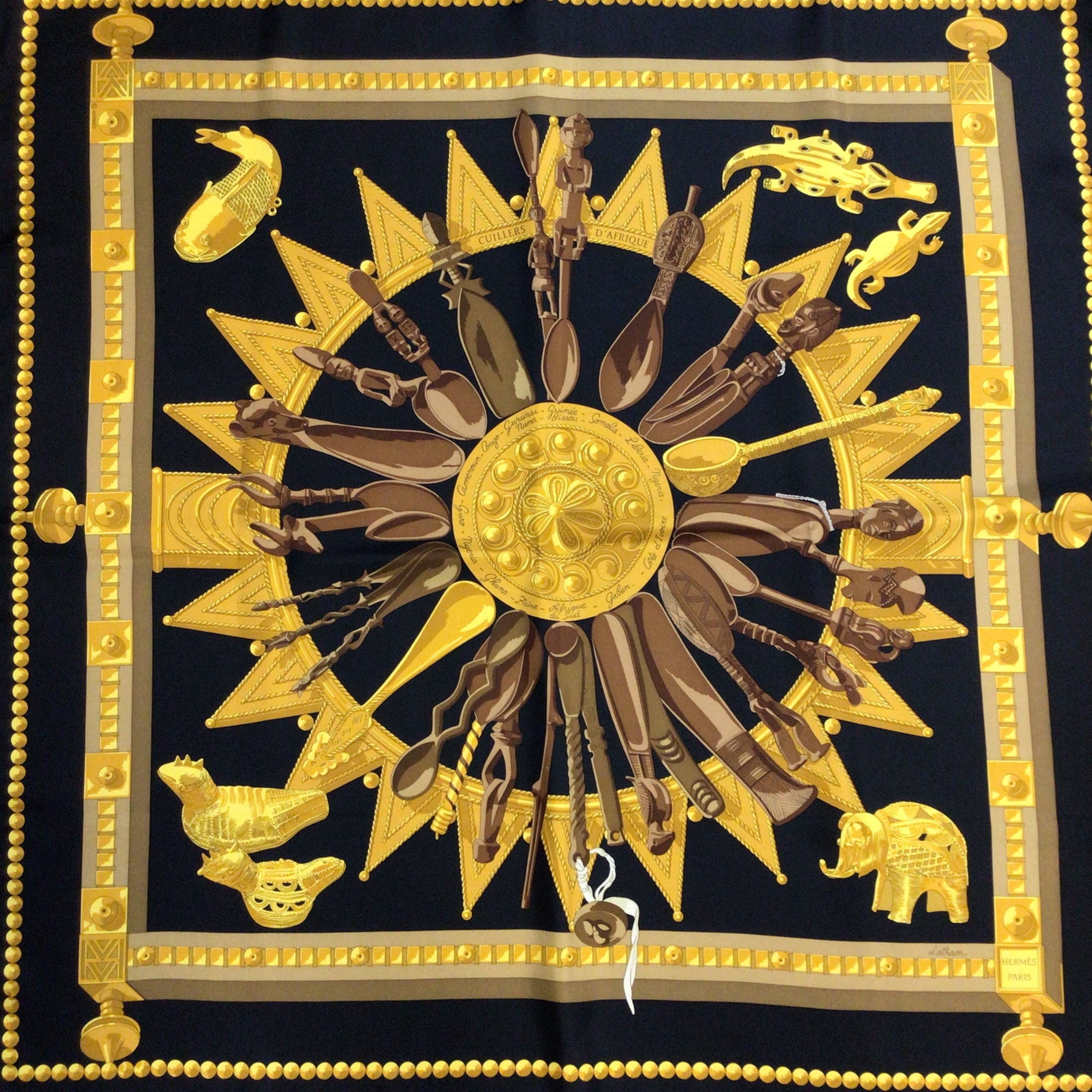 Hermes Black / Gold Cuillers d'Afrique Square Silk Twill Scarf