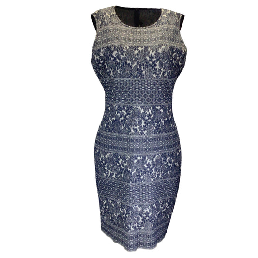 St. John Navy Blue / Grey Sleeveless Jacquard Knit Midi Dress