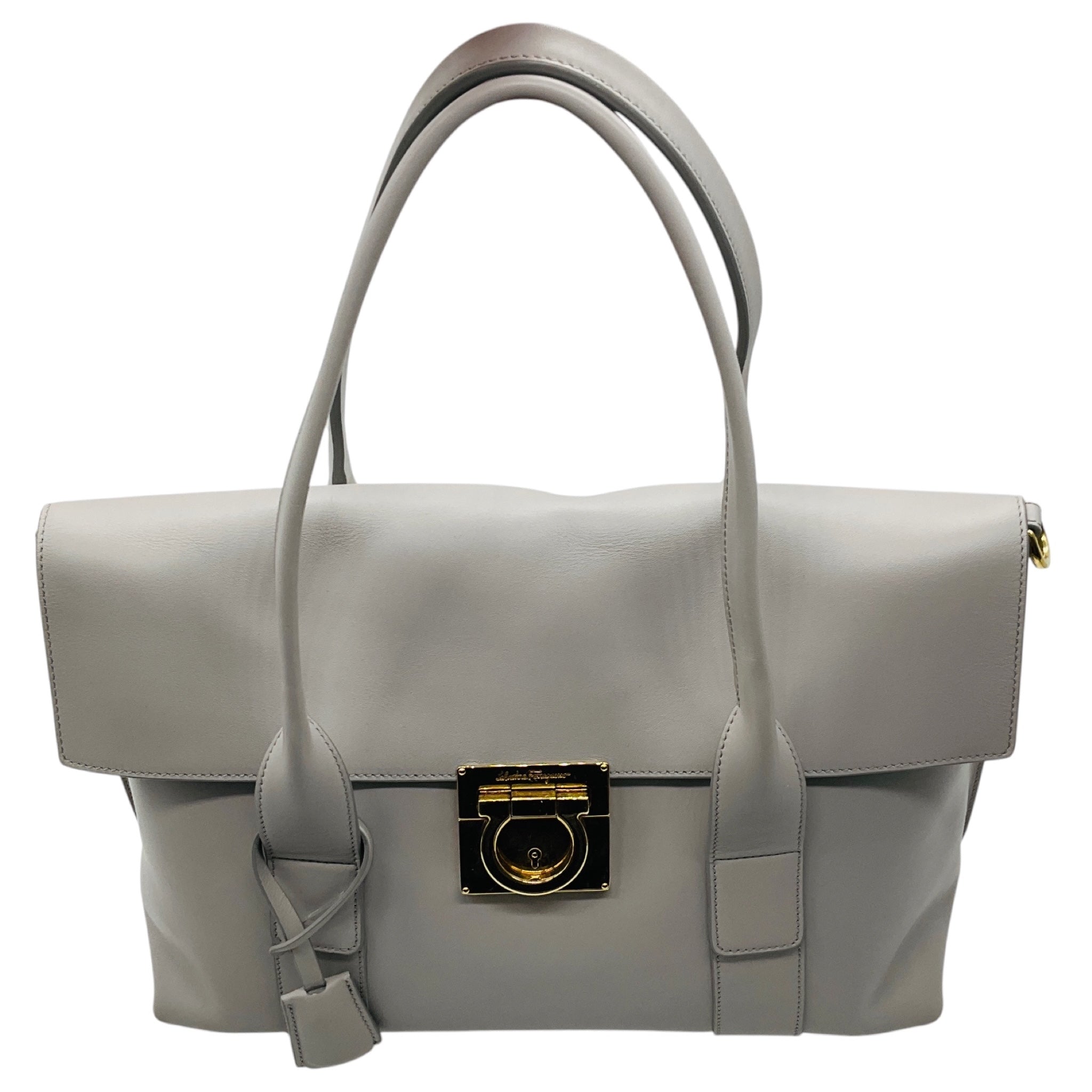 Salvatore Ferragamo Light Grey Leather Sookie Double Top Handle Tote Bag