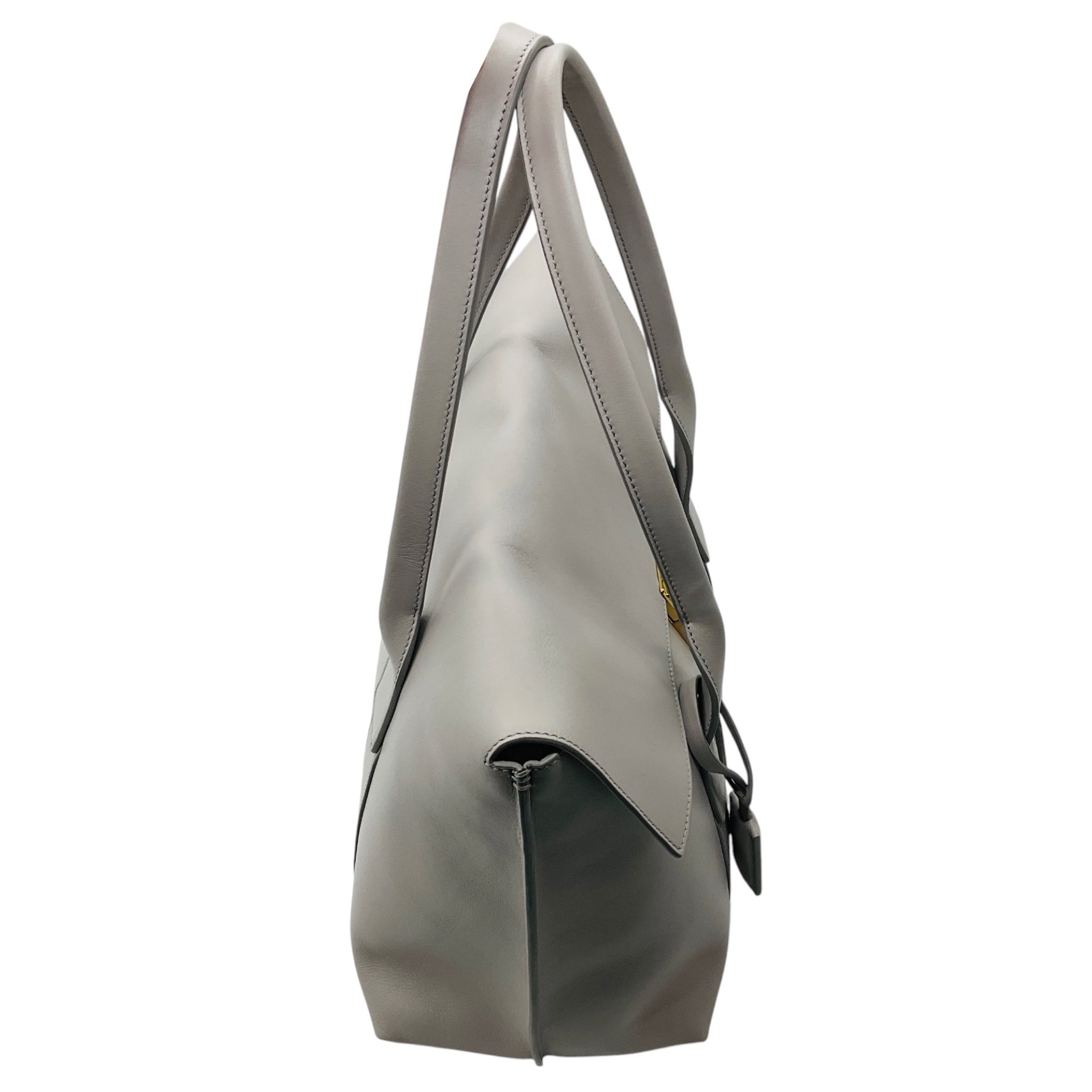 Salvatore Ferragamo Light Grey Leather Sookie Double Top Handle Tote Bag