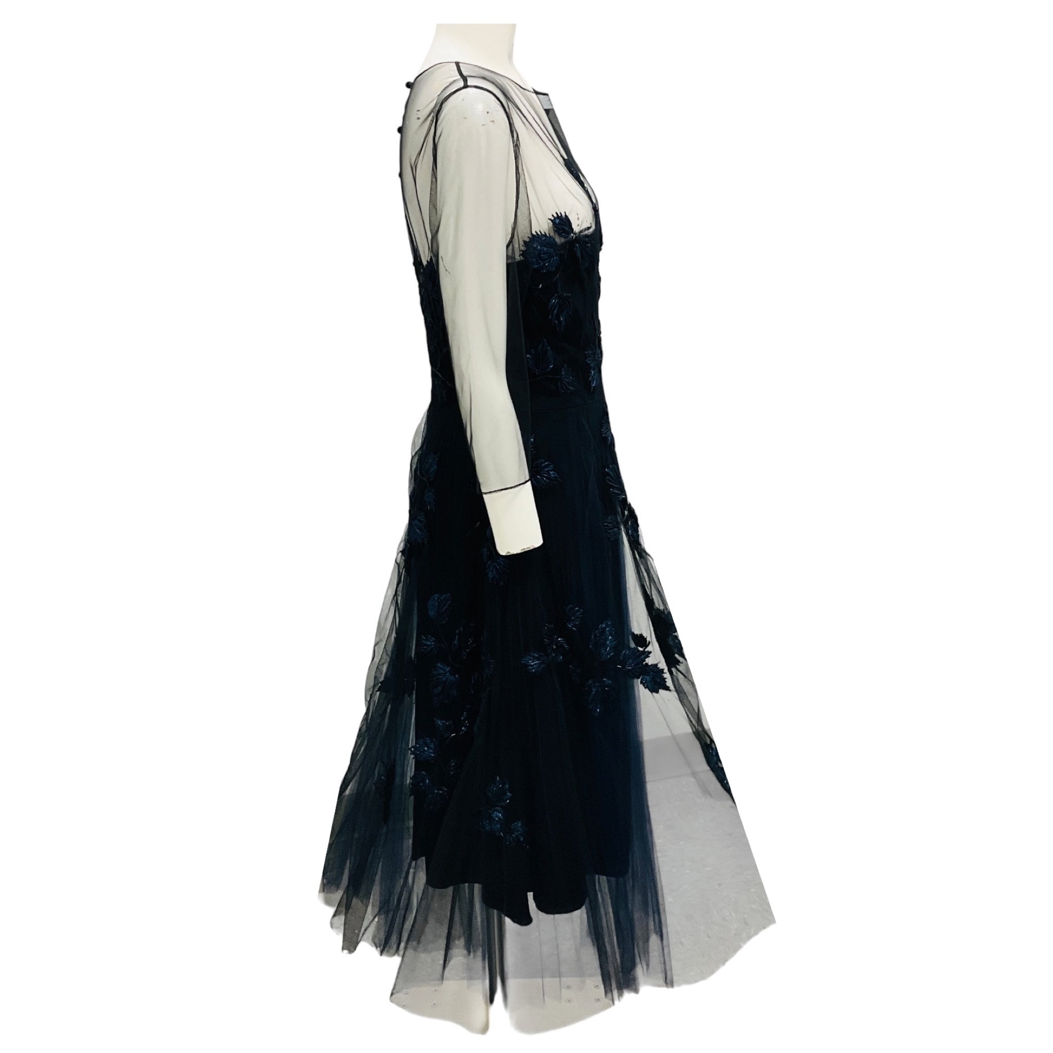 Carolina Herrera Navy Embellished Tulle Midi Gown