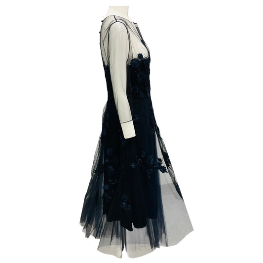 Carolina Herrera Navy Embellished Tulle Midi Gown