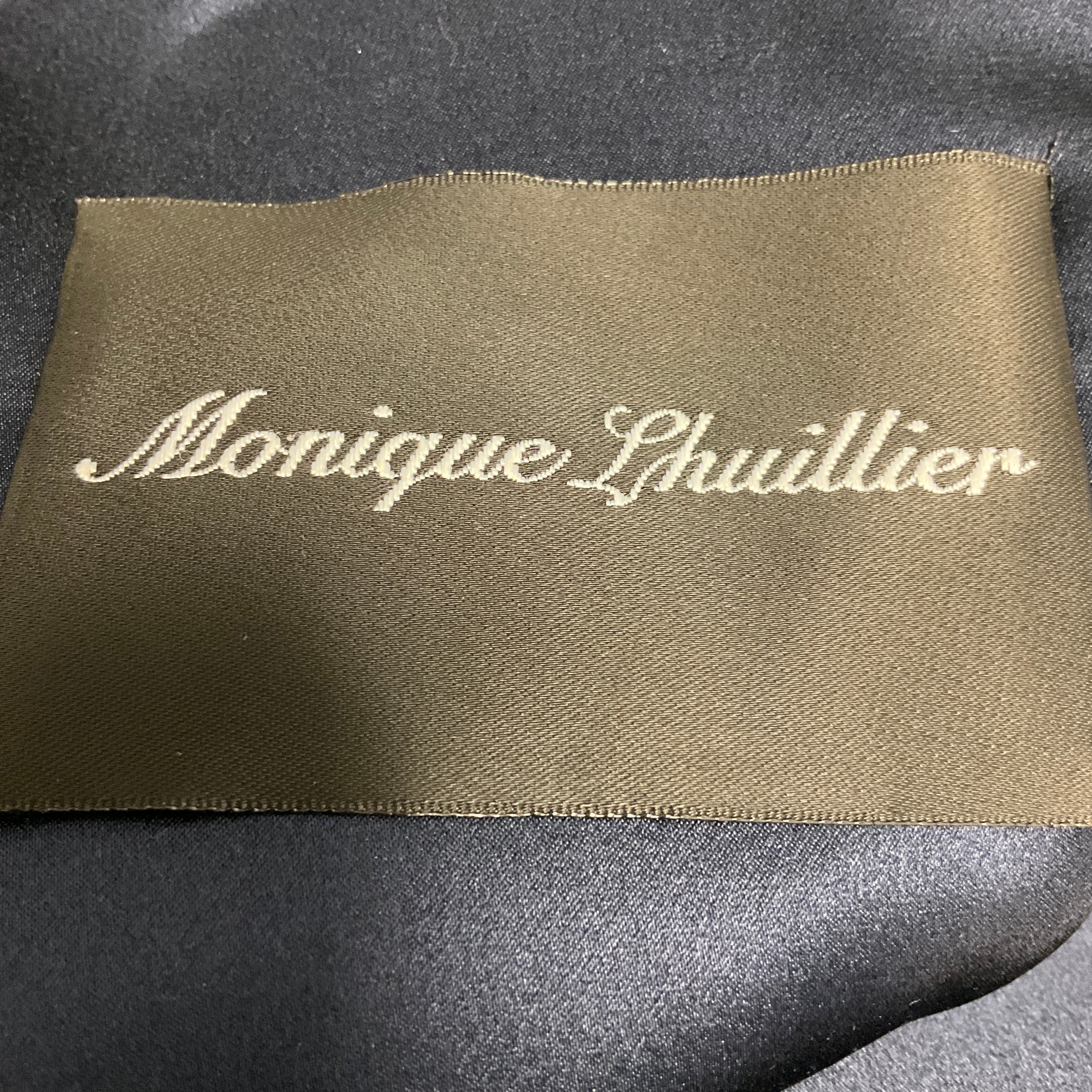 Monique Lhuillier Navy Blue Short Sleeved Silk Satin Maxi Dress with Rhinestone Belt