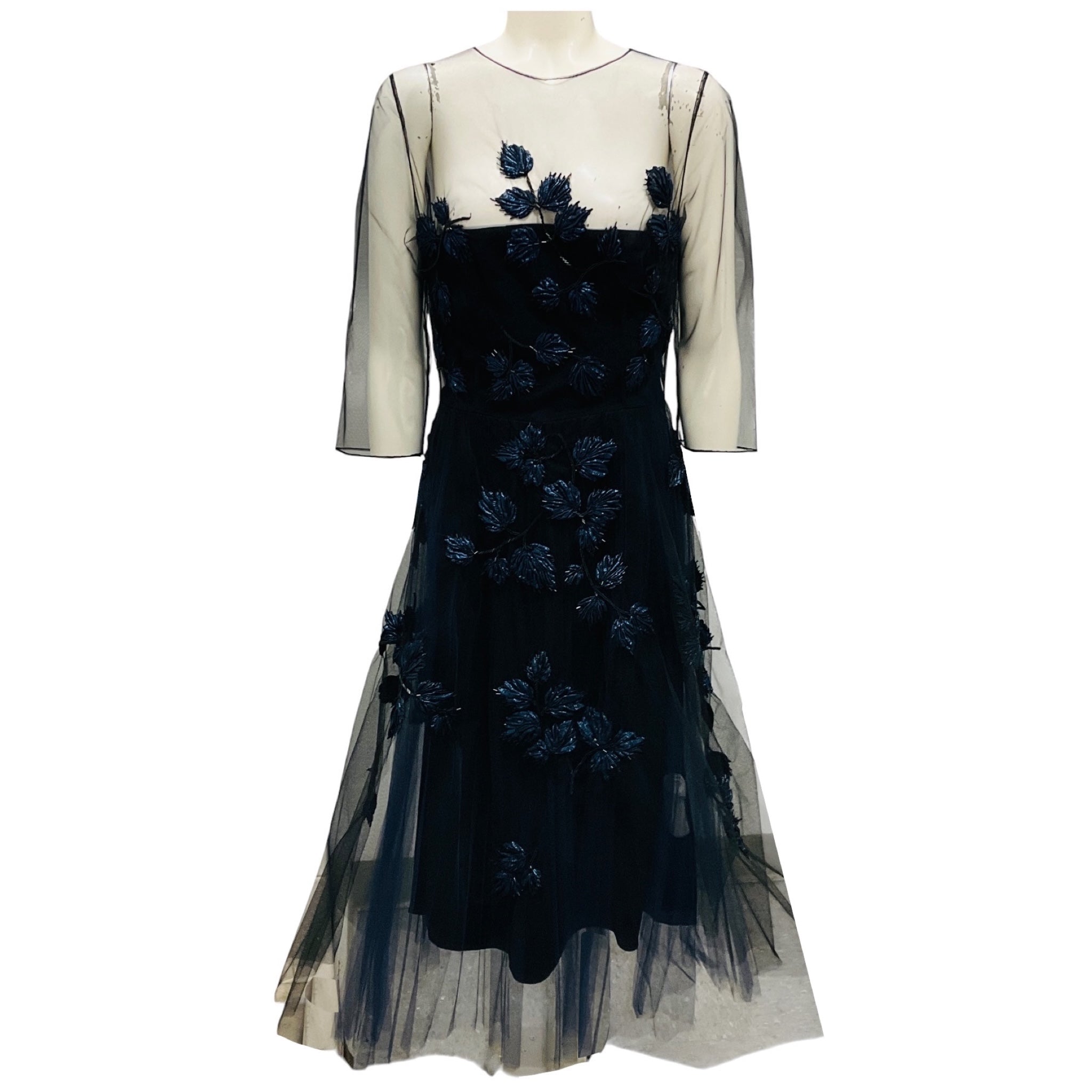 Carolina Herrera Navy Embellished Tulle Midi Gown