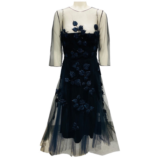 Carolina Herrera Navy Embellished Tulle Midi Gown