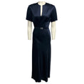 Load image into Gallery viewer, Monique Lhuillier Navy Blue Short Sleeved Silk Satin Maxi Dress with Rhinestone Belt
