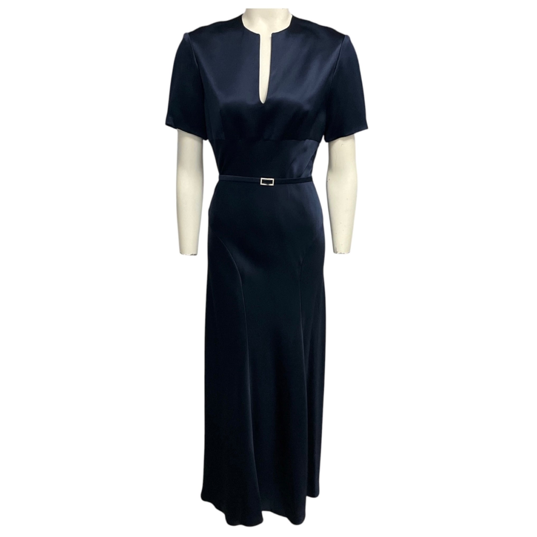Monique Lhuillier Navy Blue Short Sleeved Silk Satin Maxi Dress with Rhinestone Belt