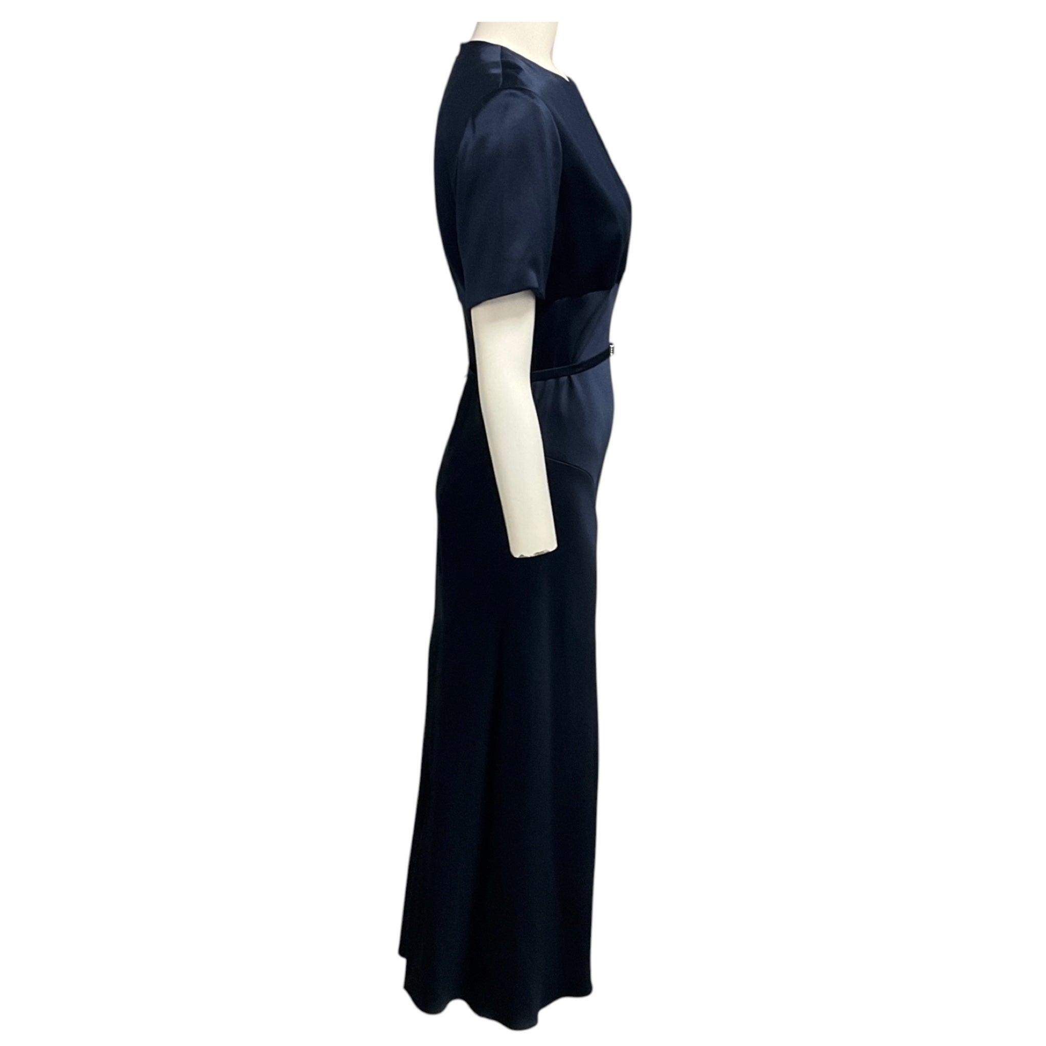 Monique Lhuillier Navy Blue Short Sleeved Silk Satin Maxi Dress with Rhinestone Belt