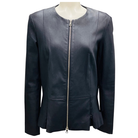 Shari's Place Navy Stretch Leather Peplum Jacket