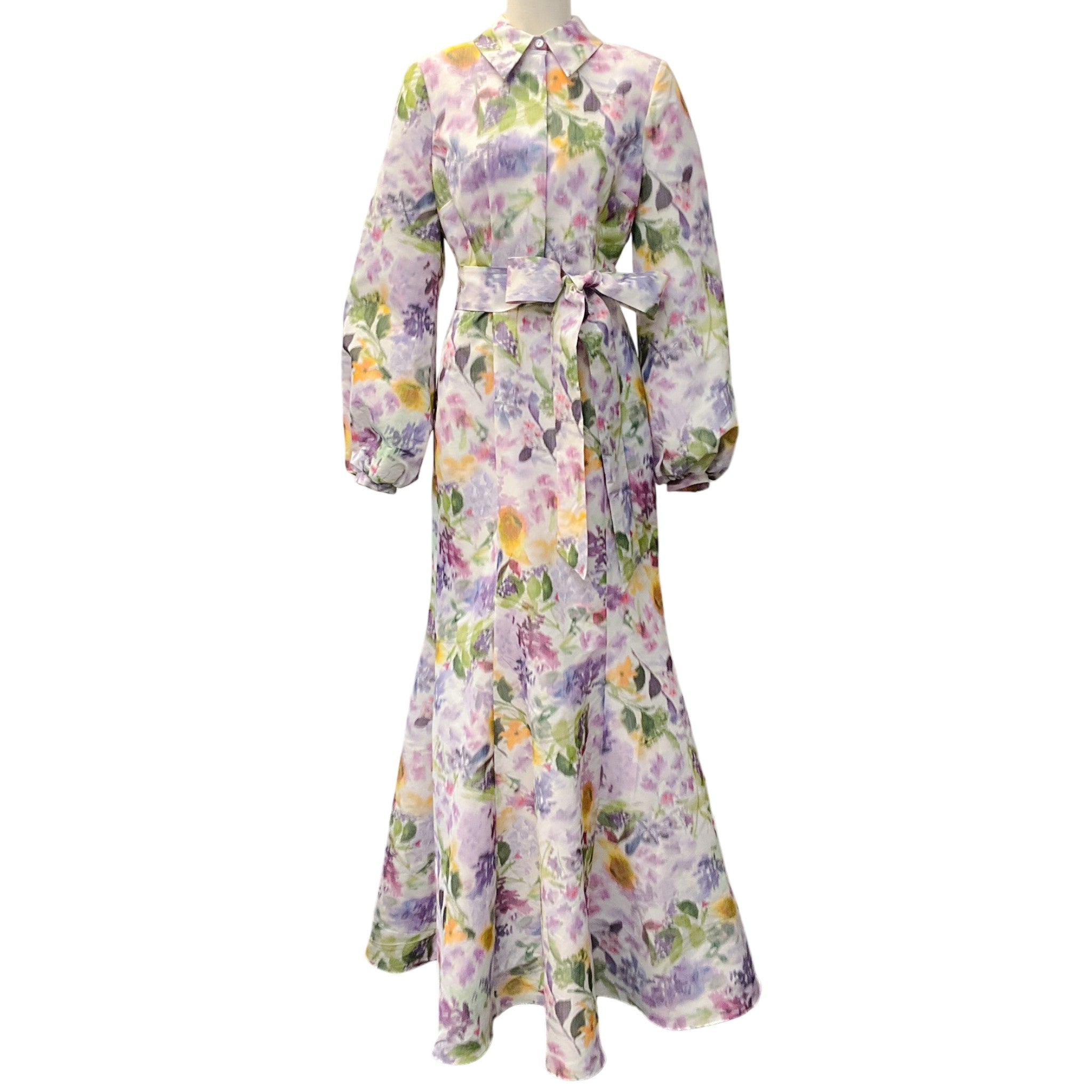 Badgley Mischka Lilac Multi Floral Taffeta Maxi Dress with Tie Belt
