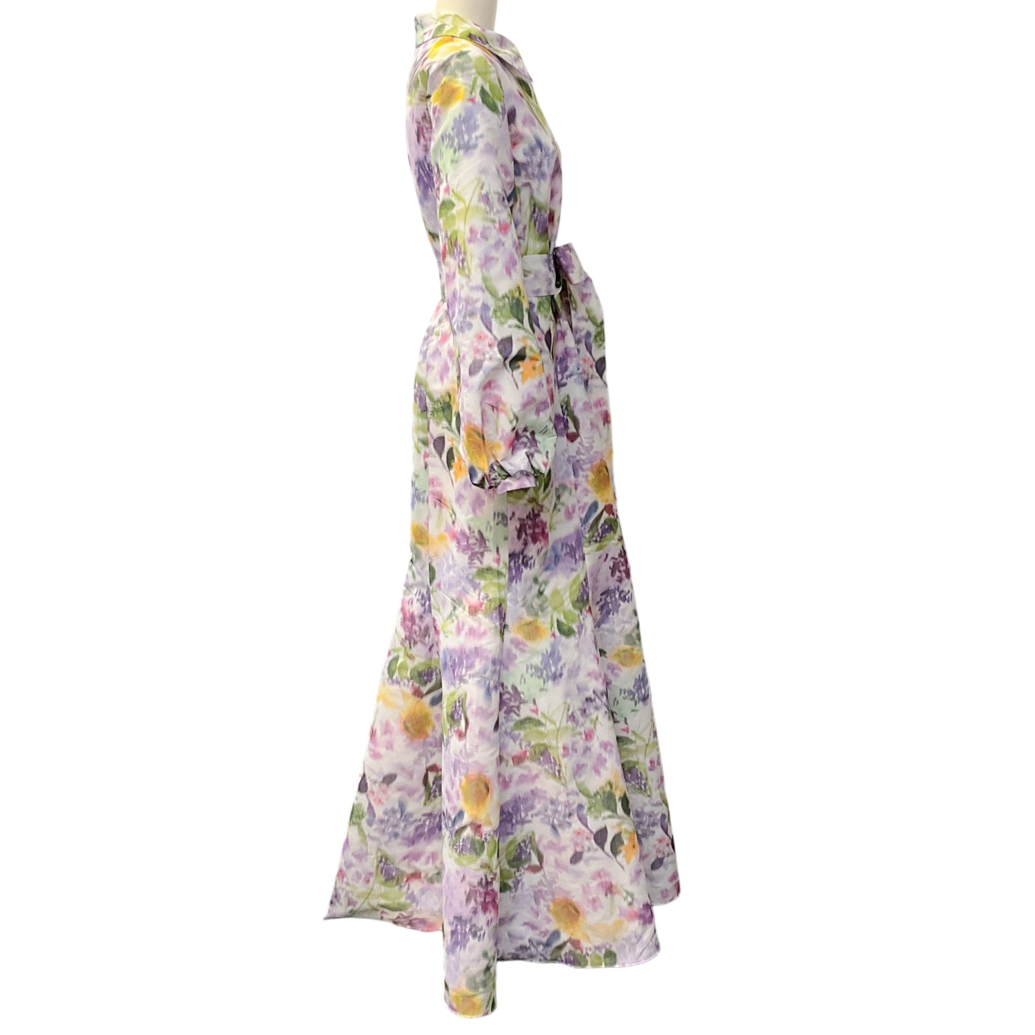 Badgley Mischka Lilac Multi Floral Taffeta Maxi Dress with Tie Belt