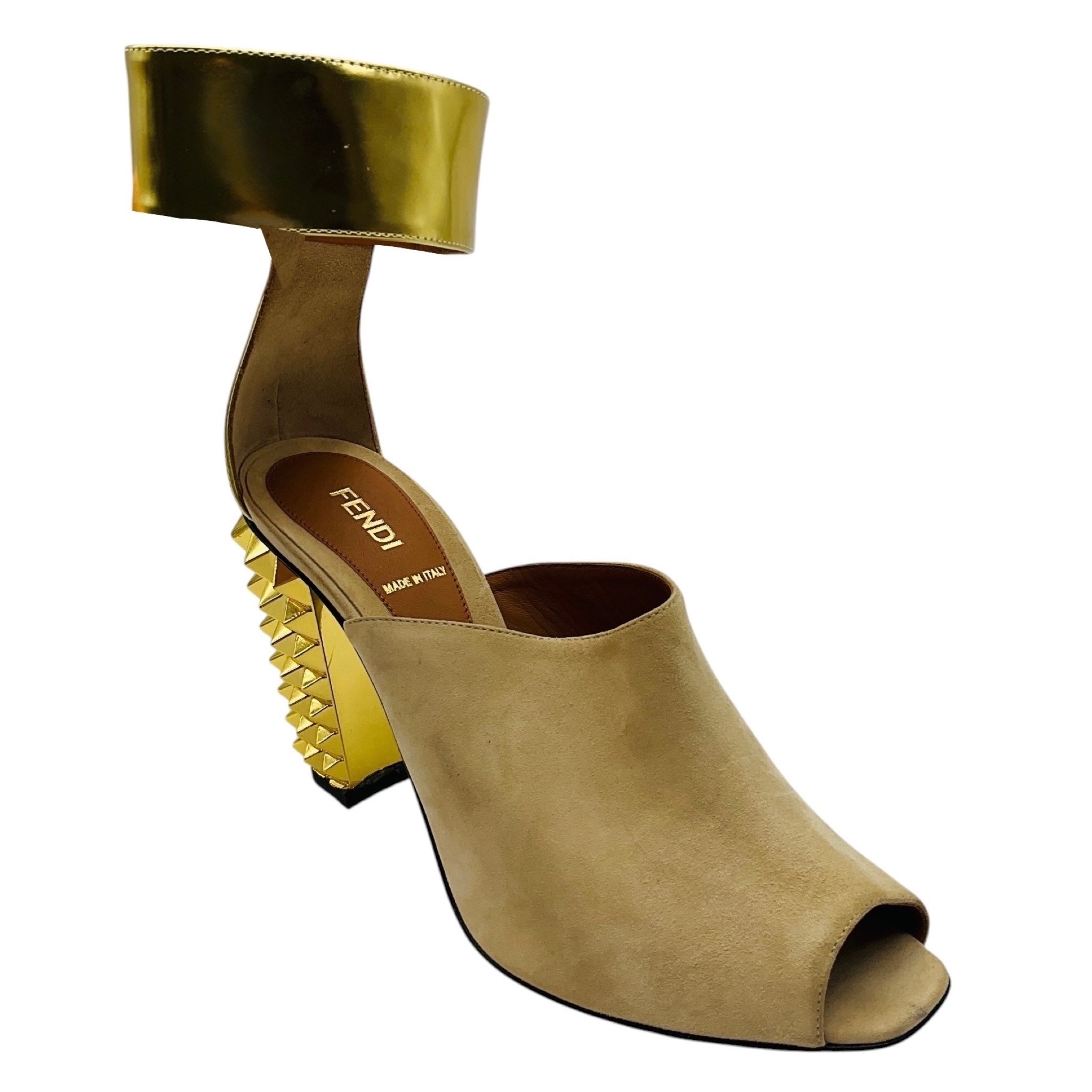 Fendi Beige / Gold Studded Suede and Leather Block Heel Sandals