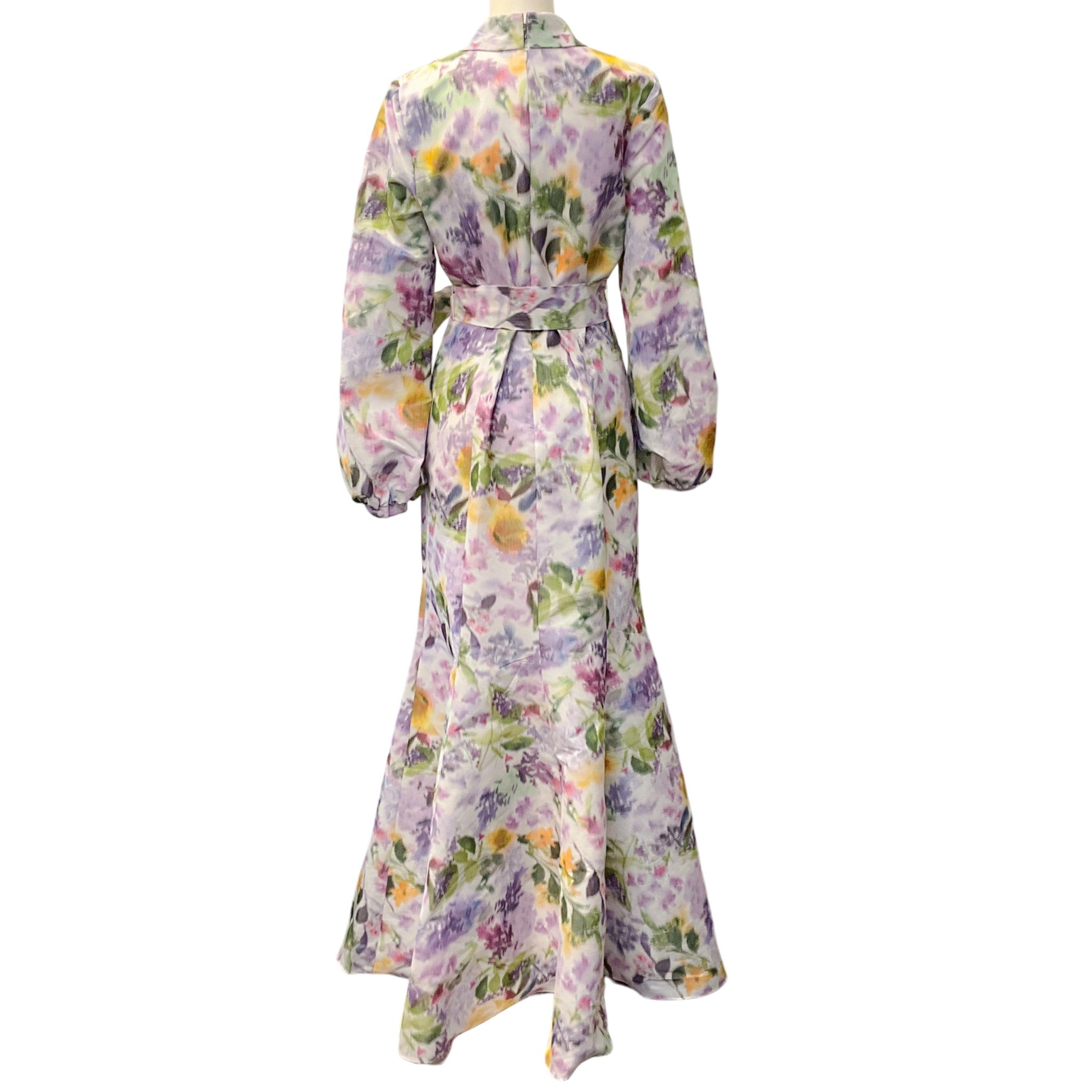 Badgley Mischka Lilac Multi Floral Taffeta Maxi Dress with Tie Belt